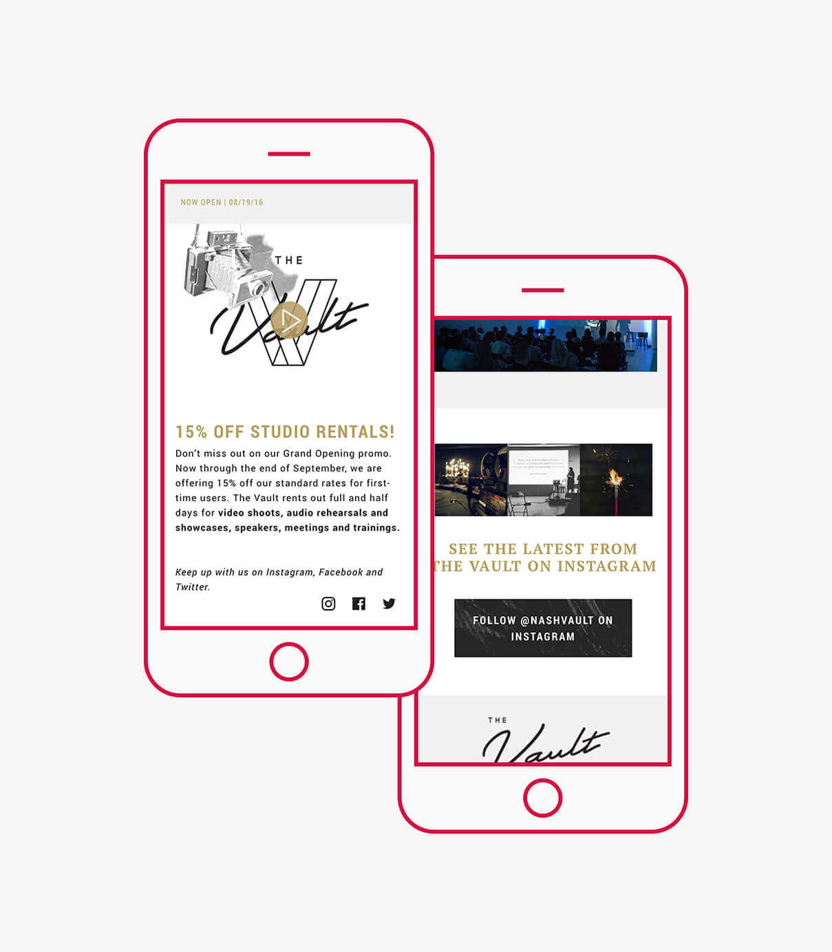 Promotional email campaign for The Vault featured on mobile device