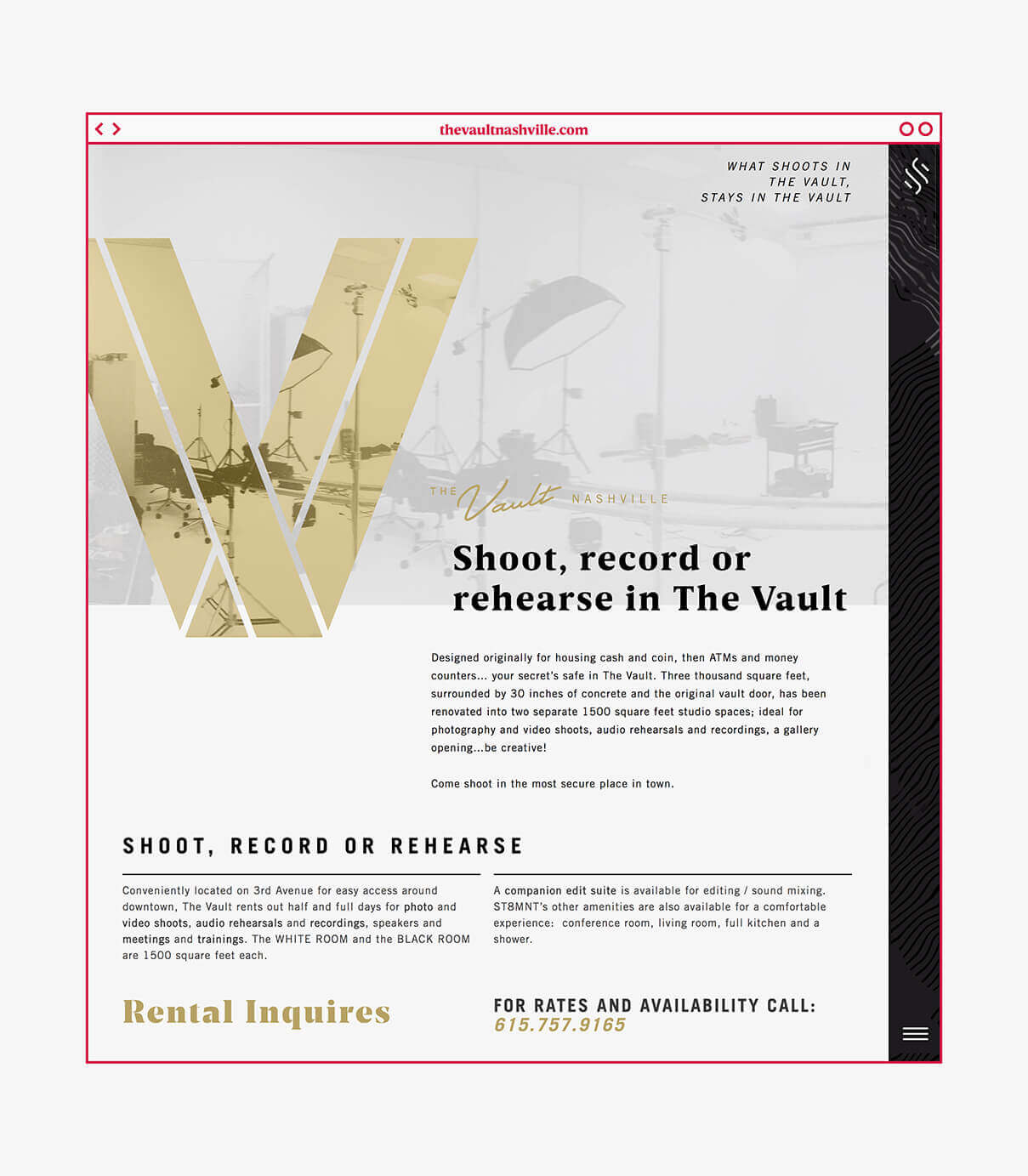 Landing webpage for The vault featuring gold V and imagery of the rental space in use