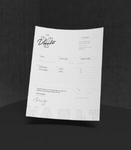 The Vault invoice template and content featuring the primary logo mark and cropped secondary logo type