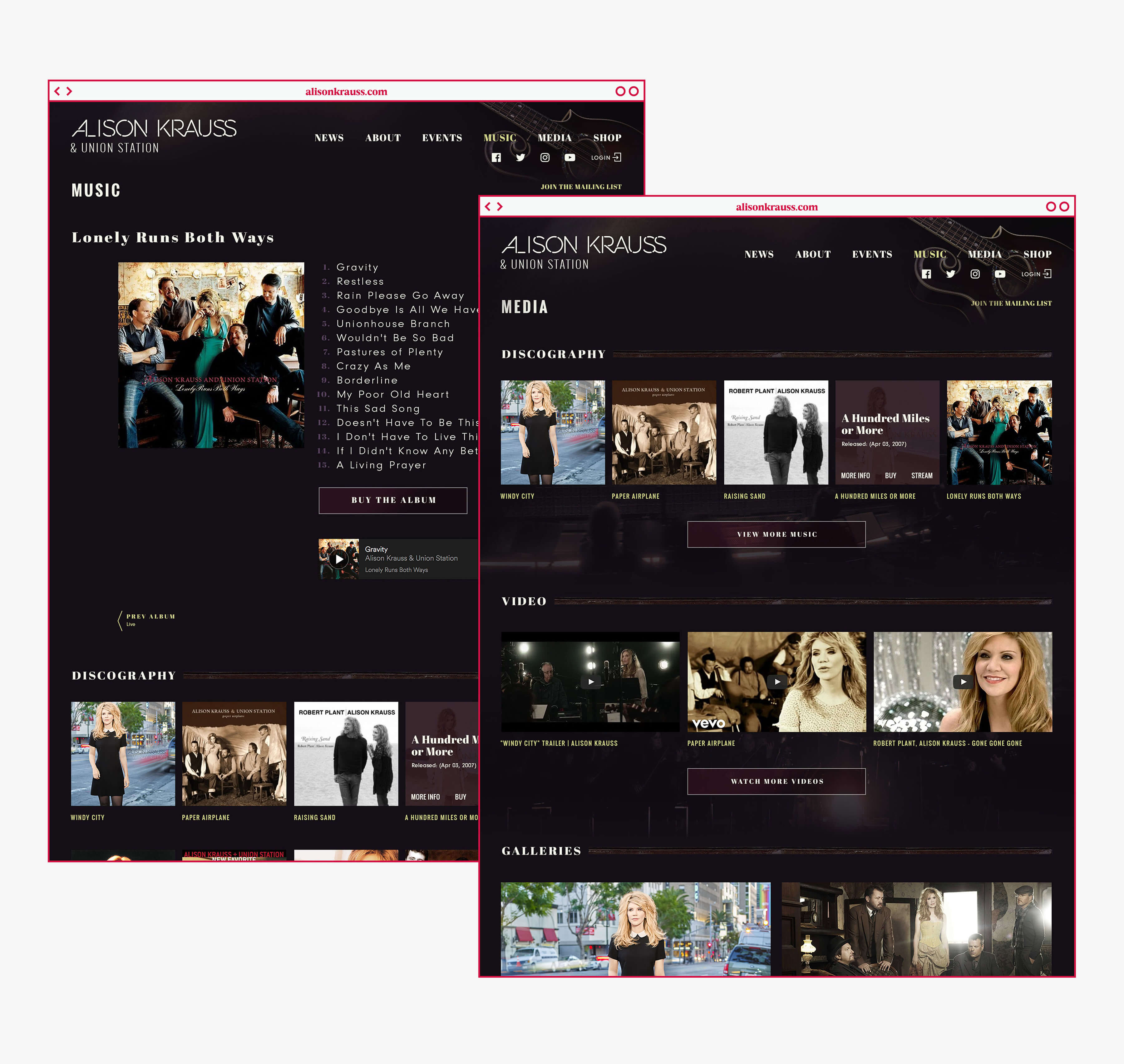 Images of the Media Section of the Alison Krauss Site.