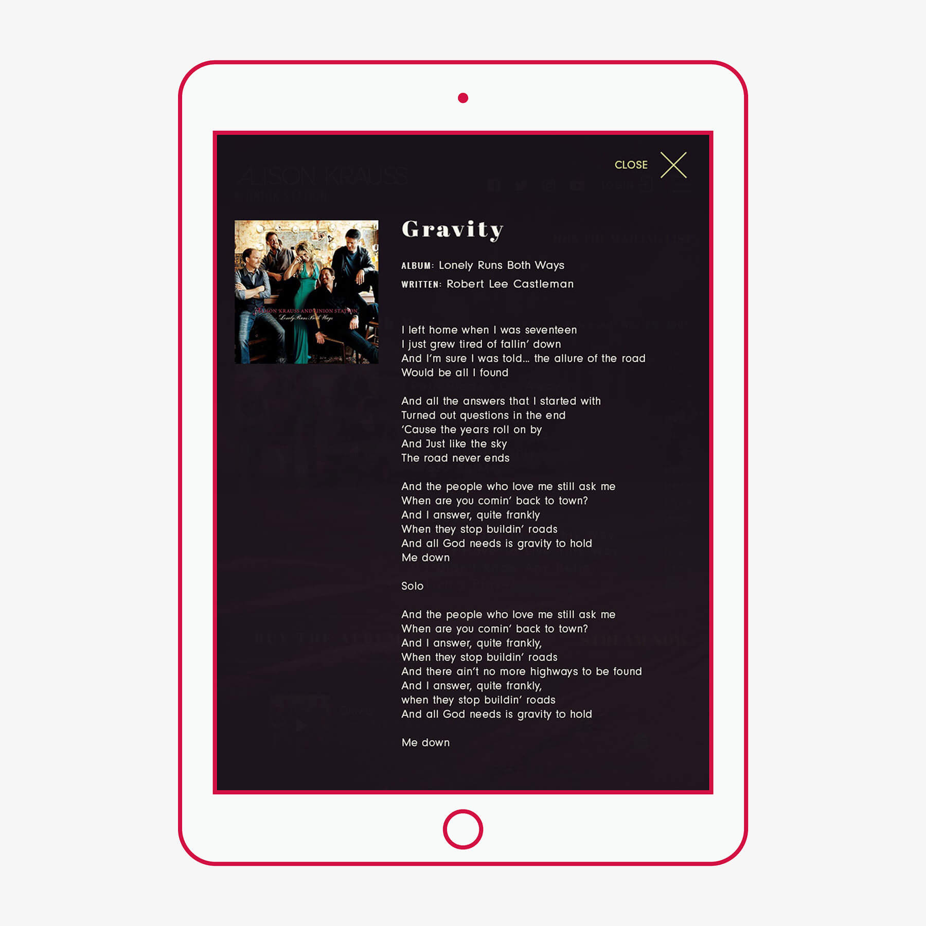 Responsive Tablet size or the lyric page for the Alison Krauss Site.