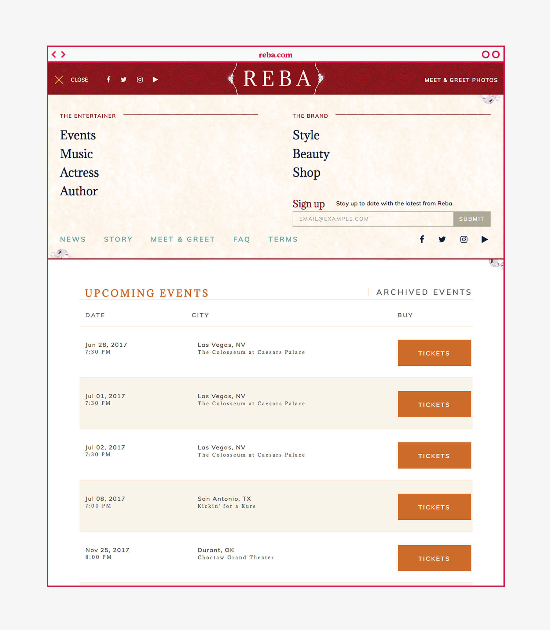 Image of the expanded navigation on the upcoming events page.