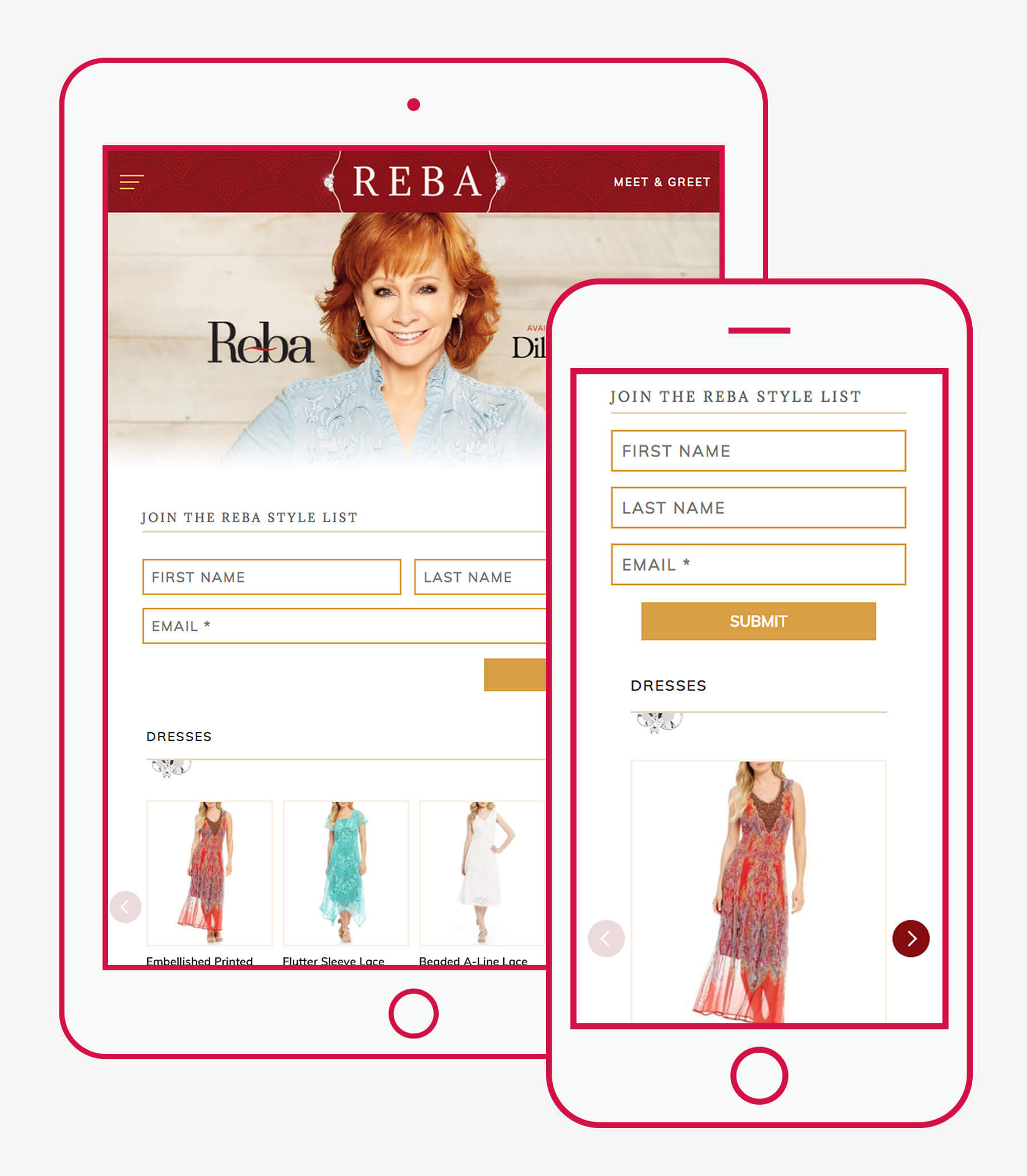 Table and Mobile images of the Reba Style page.
