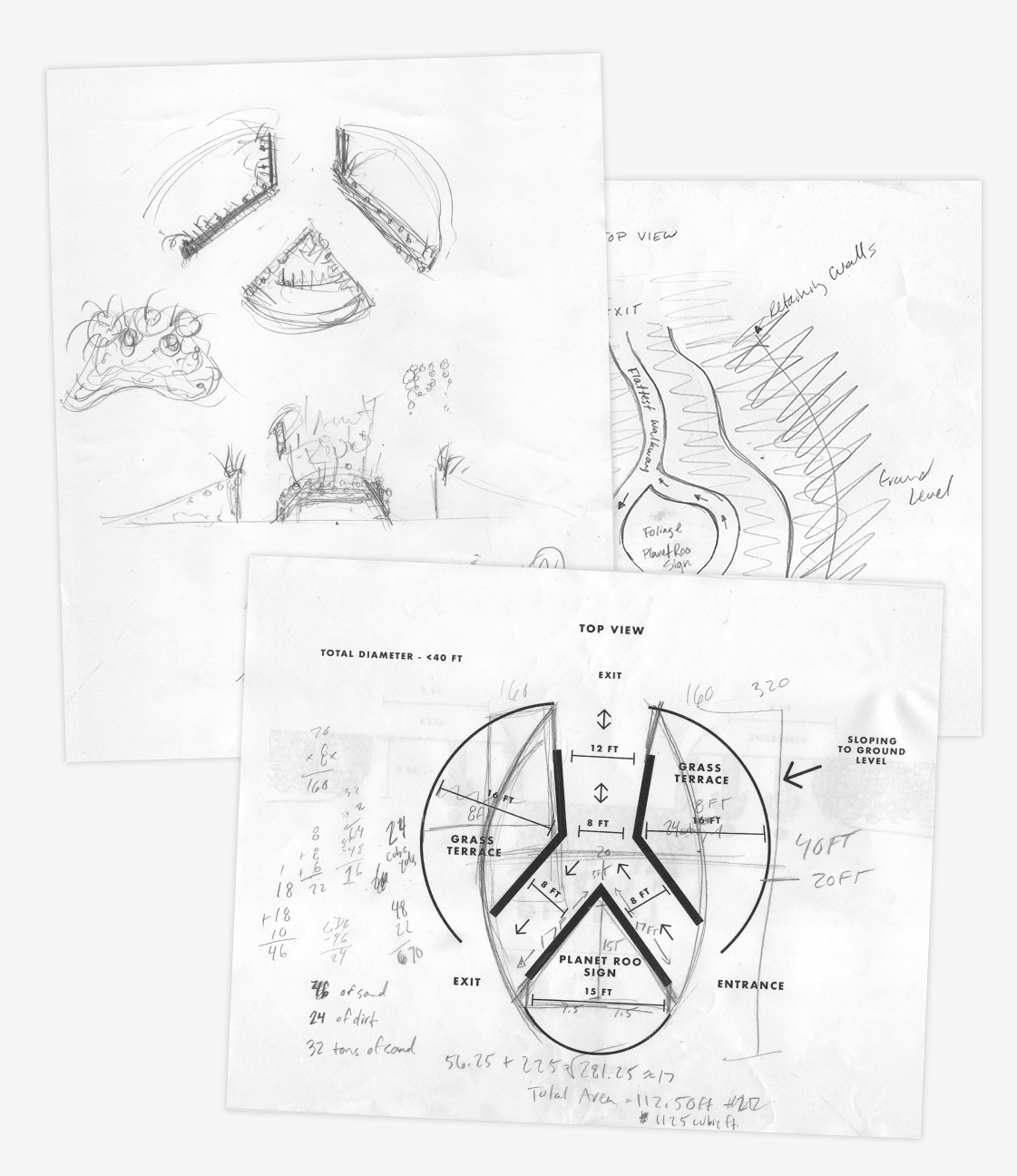 Photo of three sketches with layout and dimensions for the Planet Roo entryway at Bonnaroo Music and Arts Festival