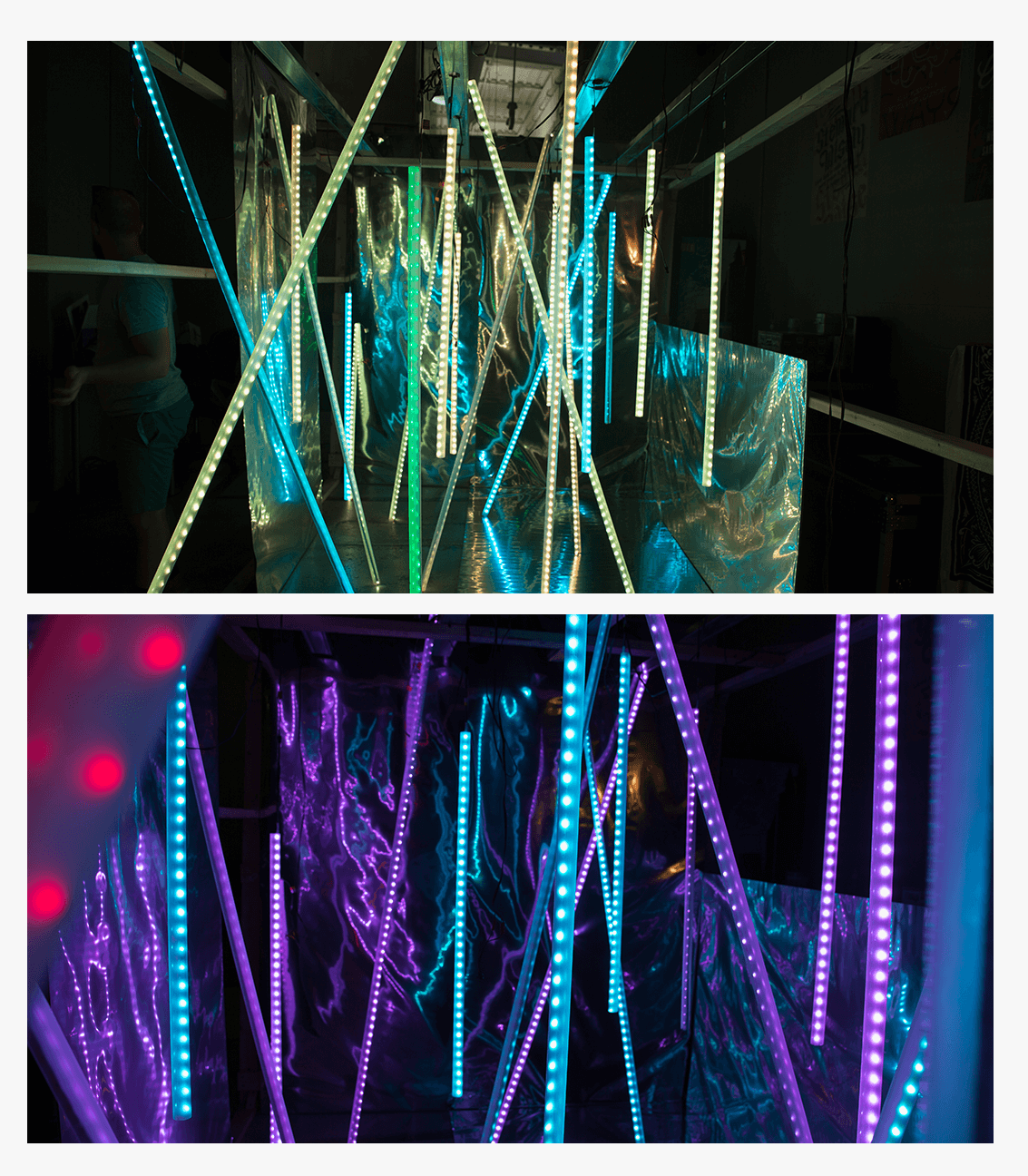 Progress photo of the LED Tube art installation at ST8MNT Brand Agency for the Bonnaroo Music & Arts Festival in Manchester, Tennessee