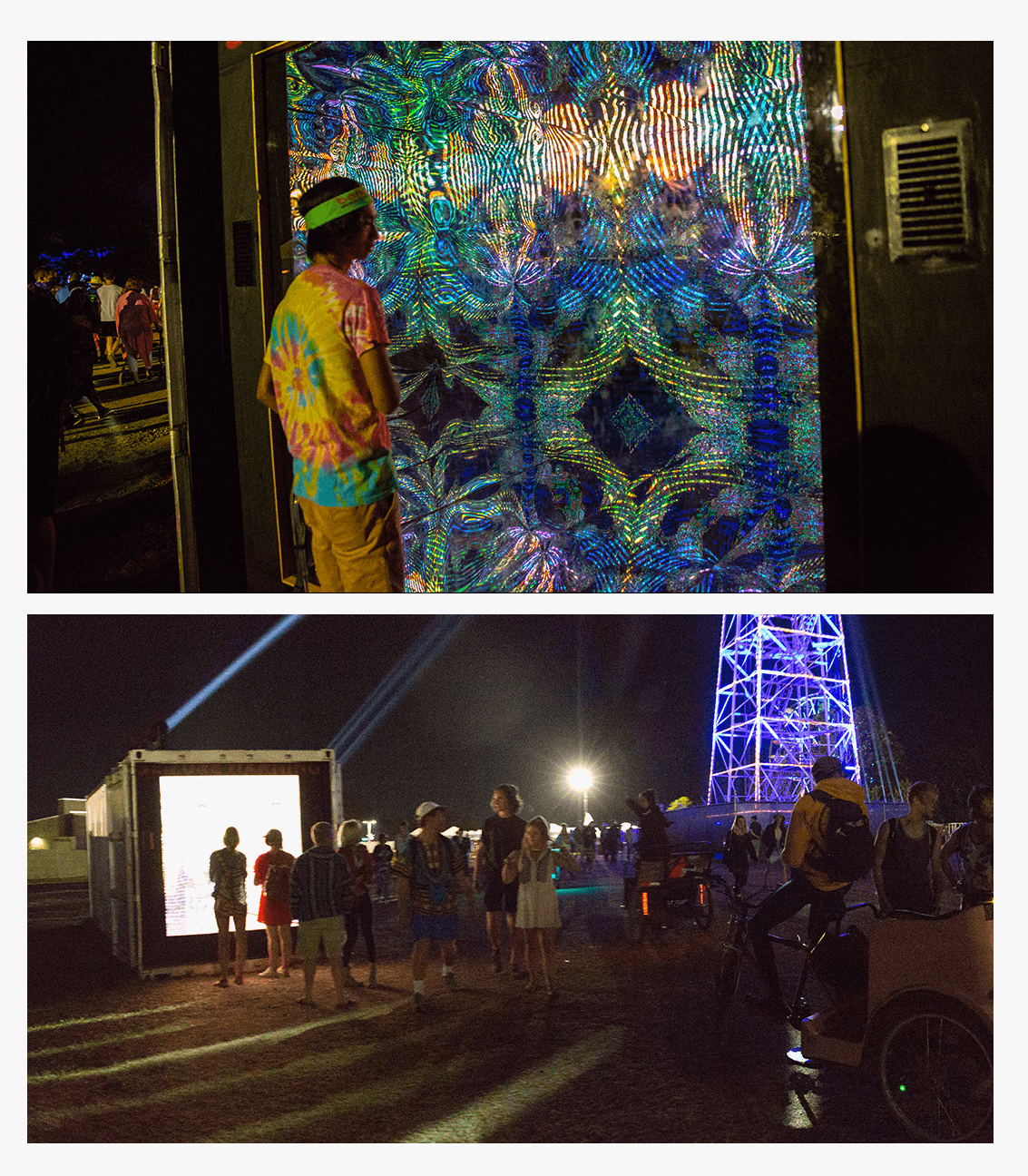 Photos of people interacting with the Infinity Mirror kaleidoscope art installation at Bonnaroo Music & Arts Festival in Manchester, Tennessee