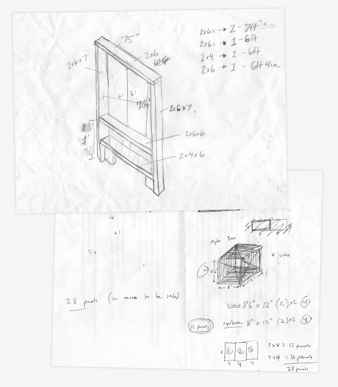 Sketches of Frames with measurements for infinity mirror and led tube art installations at Bonnaroo Music & Arts Festival