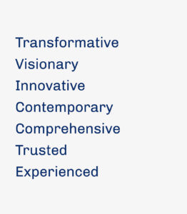 Brand attributes including transformative, visionary, innovative, contemporary, comprehensive, trusted and experienced for Ideation Holdings