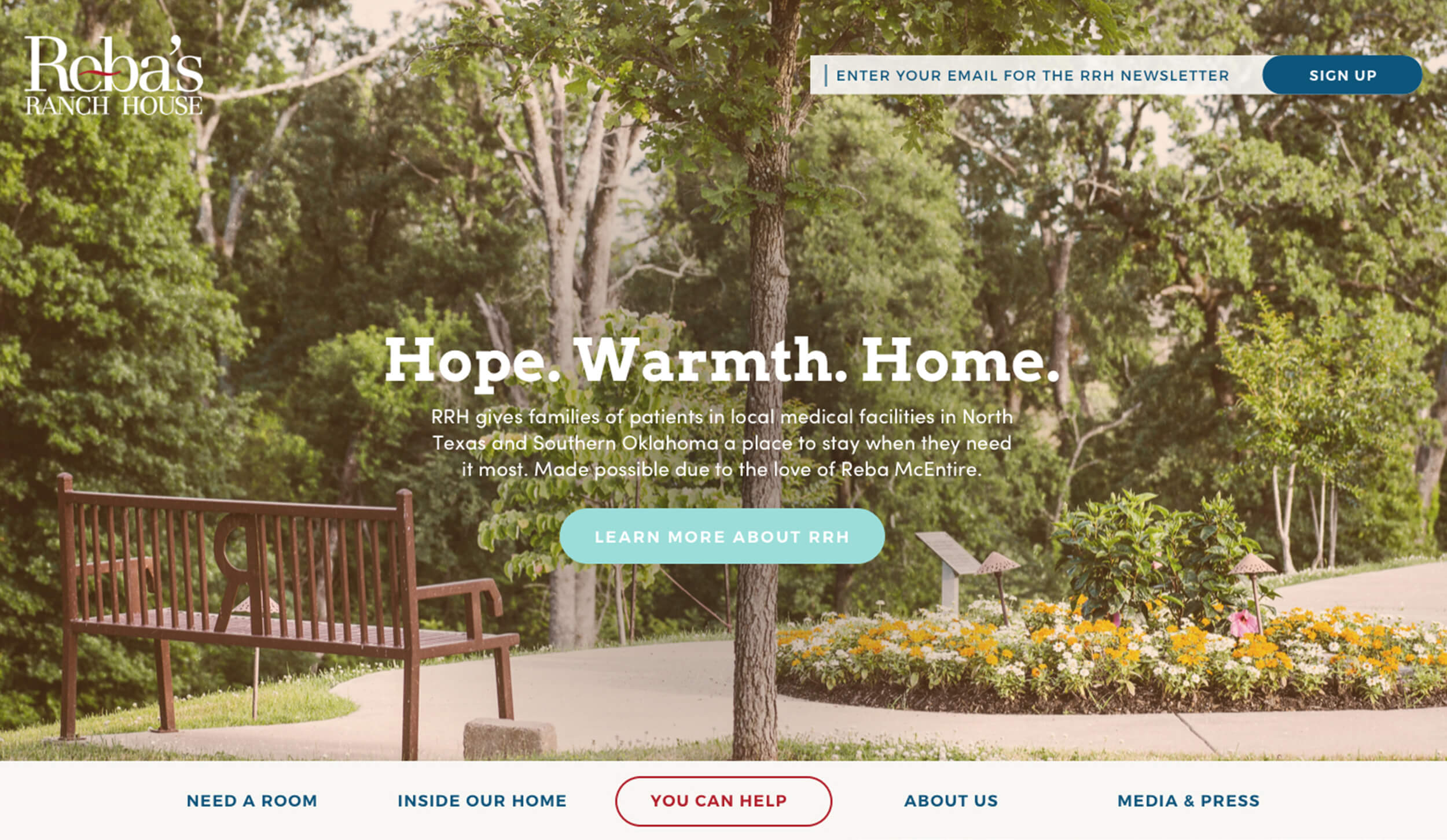 Homepage header website design for Rebas Ranch House, a charity organization in Denison, Texas