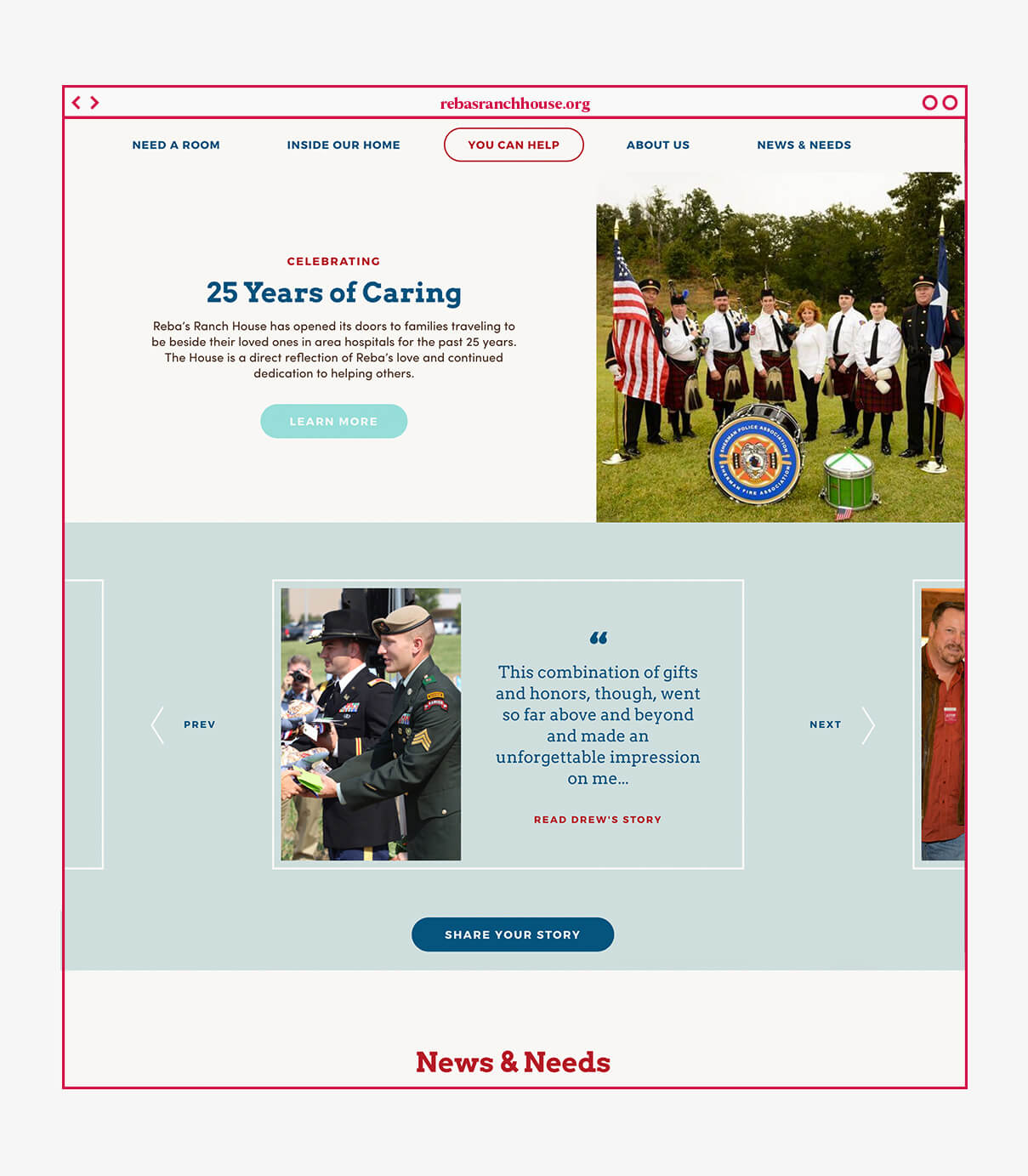 Homepage website design featuring sticky fixed navigation for Rebas Ranch House, a charity organization in Denison, Texas