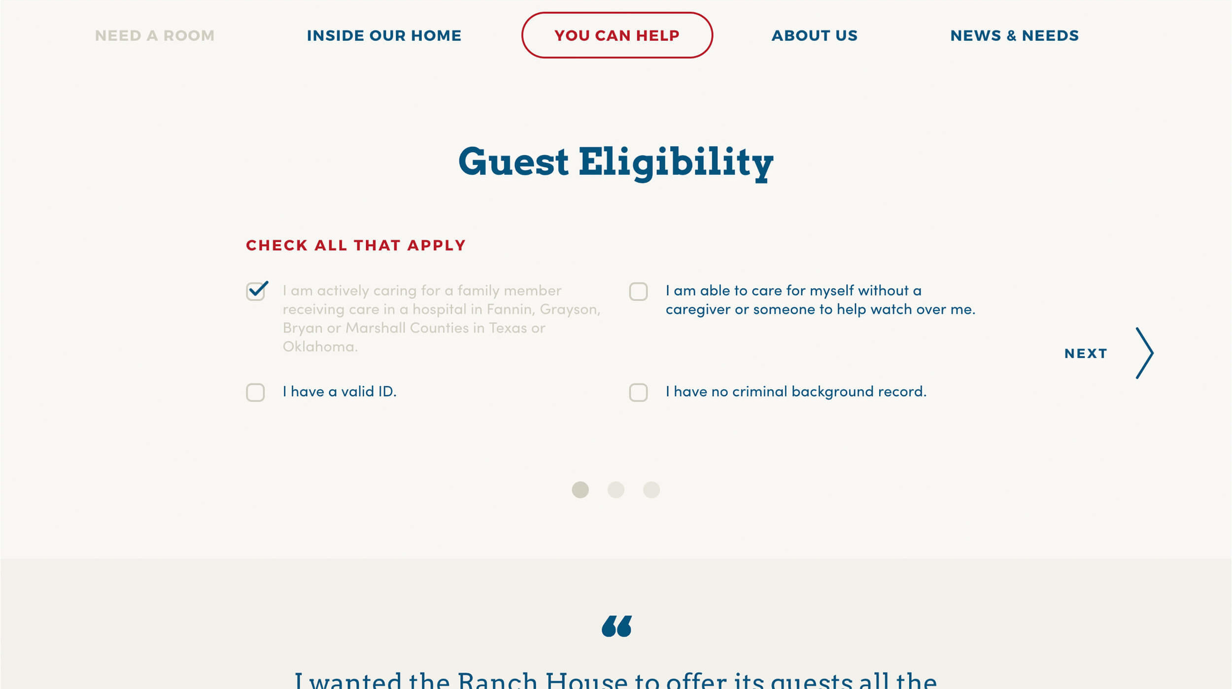 Website design featuring guest eligibility form for Rebas Ranch House, a charity organization in Denison, Texas