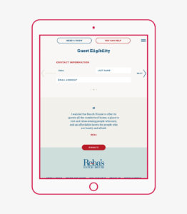 Website design featuring guest eligibility form and quote on tablet for Rebas Ranch House, a charity organization in Denison, Texas
