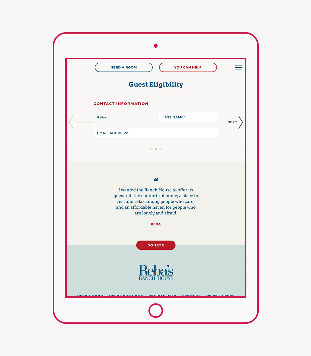 Website design featuring guest eligibility form and quote on tablet for Rebas Ranch House, a charity organization in Denison, Texas