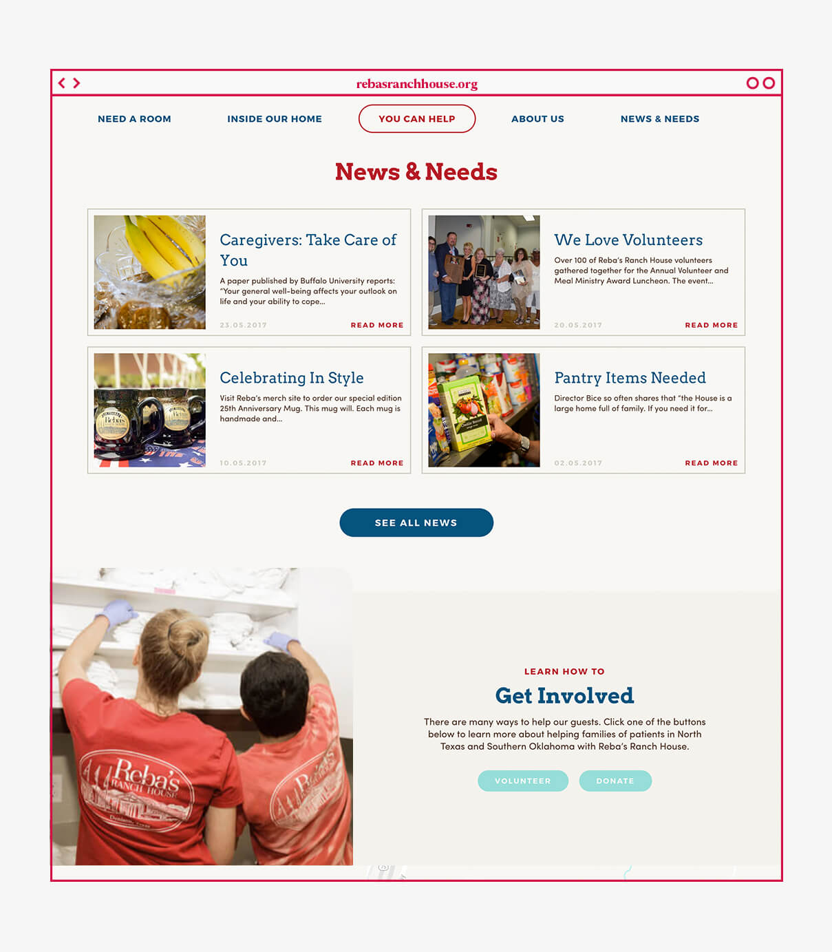 Website design featuring news feed and volunteer call to action for Rebas Ranch House, a charity organization in Denison, Texas