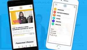Mobile screens featuring story thumbnail and nav menu for GuruHub lifestyle website