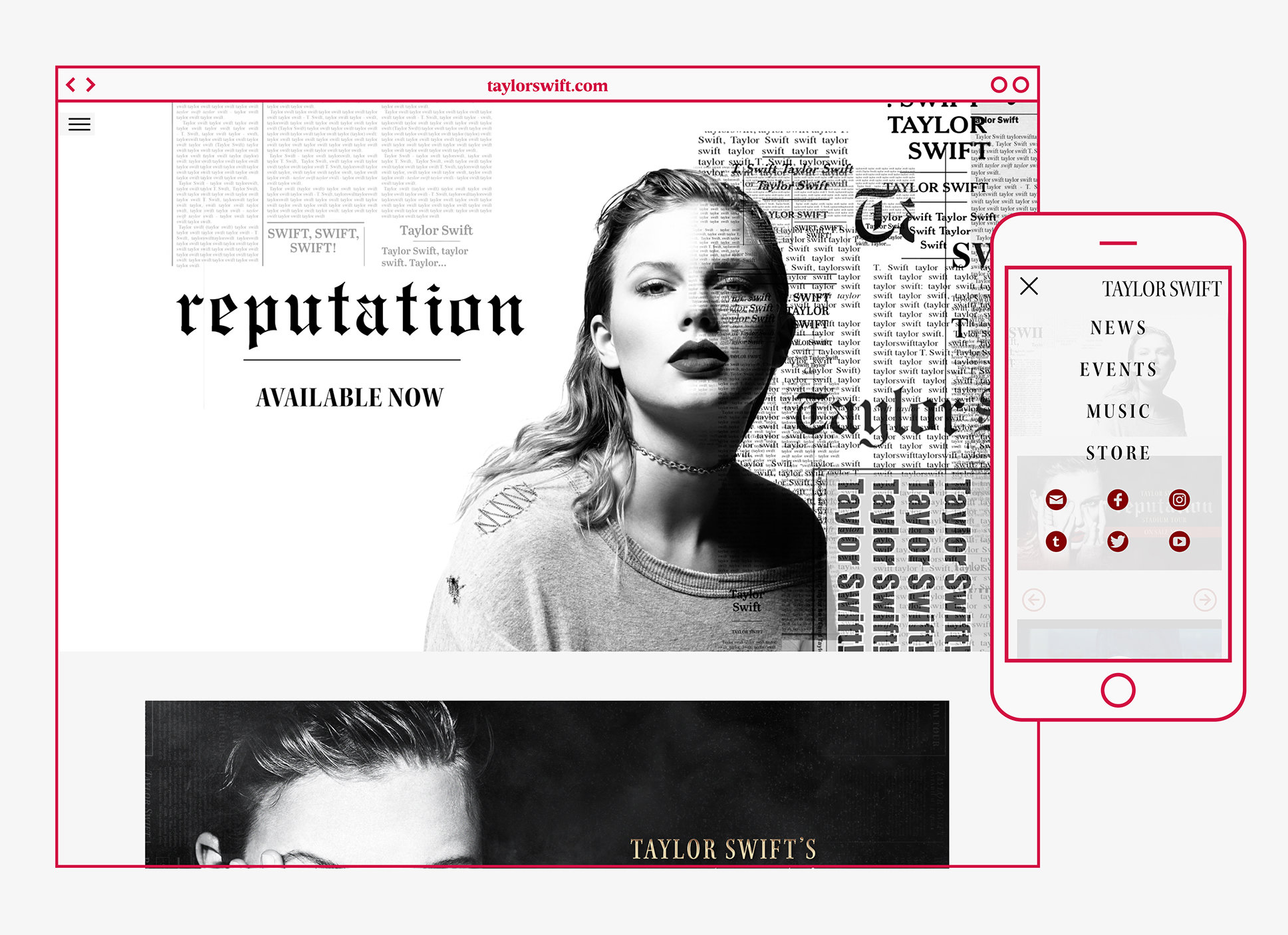 browser window and mobile device featuring taylorswift.com reputation header video