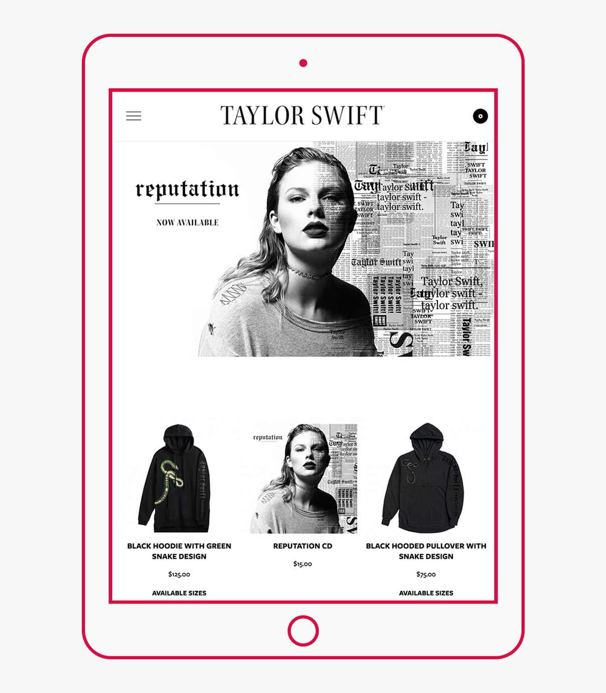 Tablet featuring header image on Taylor Swift store website