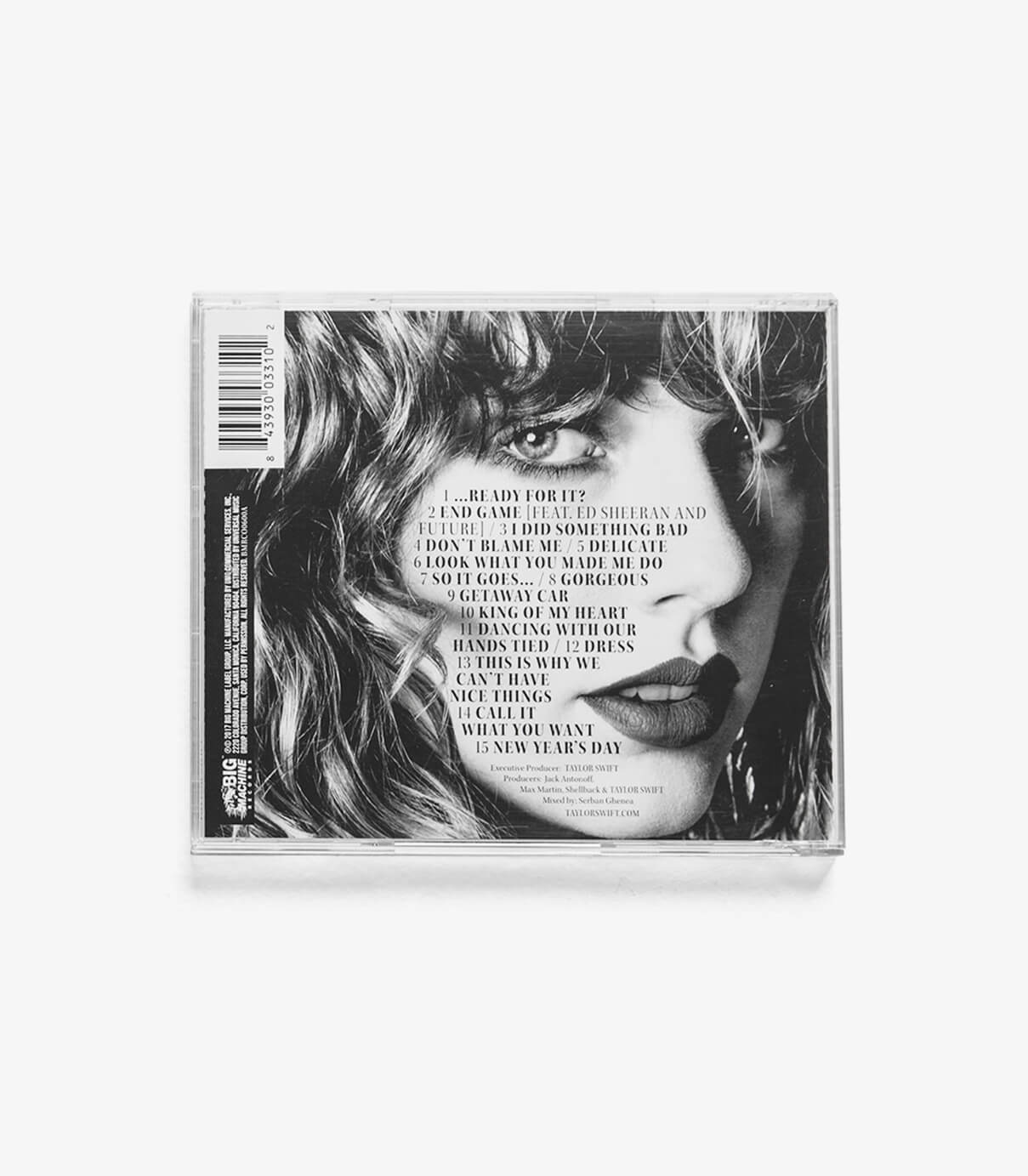back cover design featuring track listing of Taylor Swift's reputation cd packaging