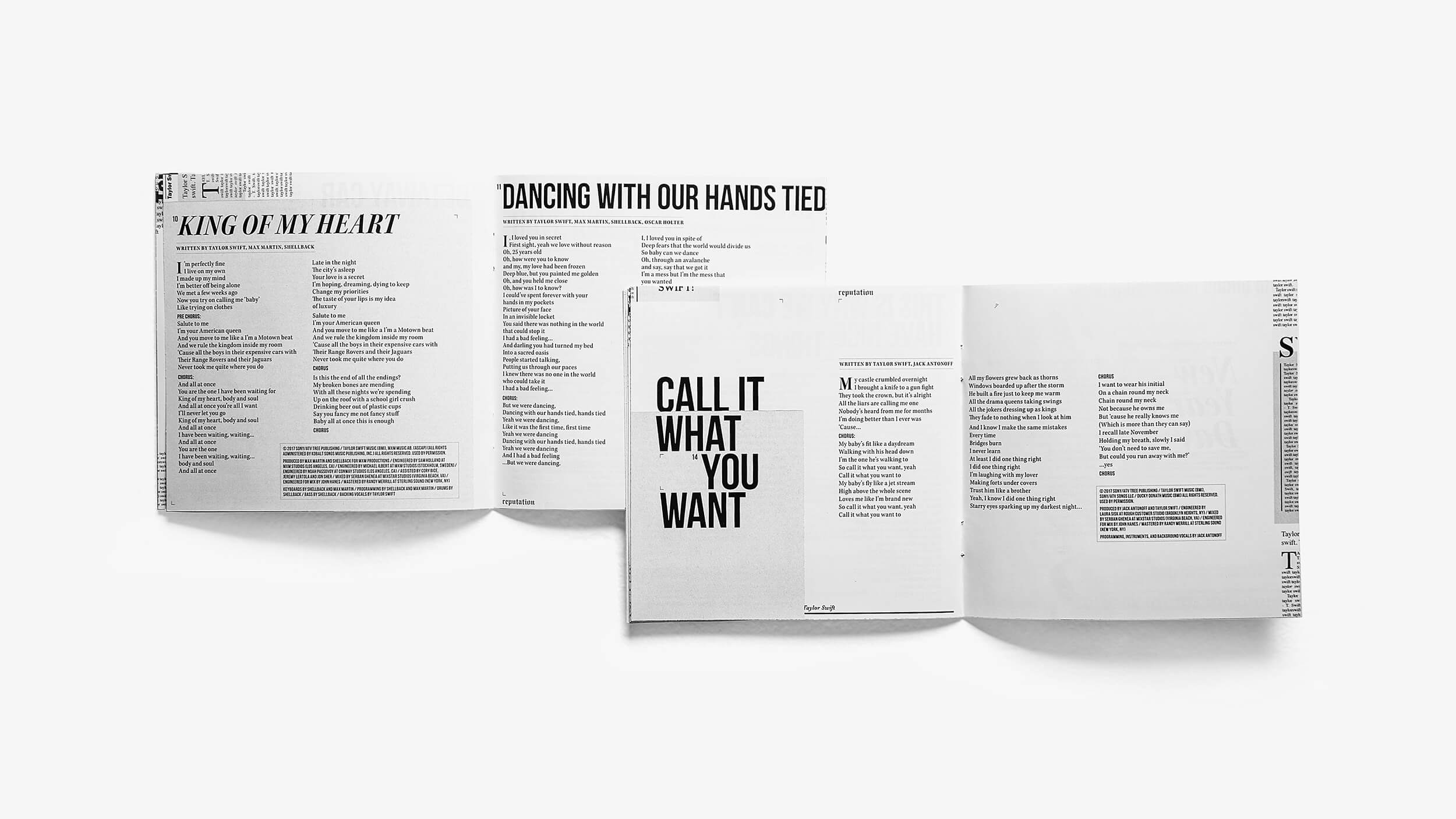 booklet spreads for reputation by Taylor Swift featuring design and layout of King of My Heart, Dancing With Our Hands Tied, Call It What You Want