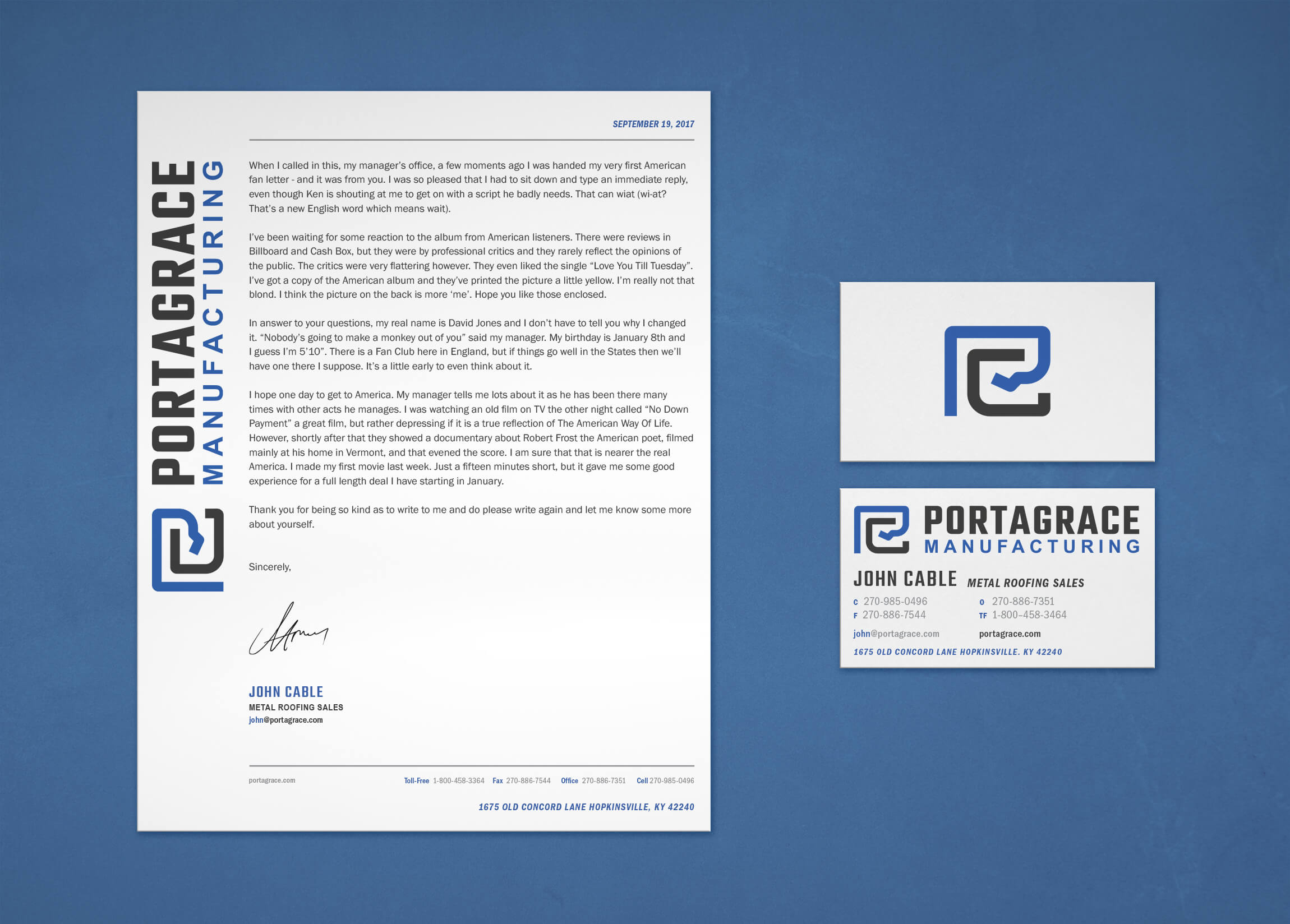 Stationary business card and letterhead designs for PortaGrace Manufacturing