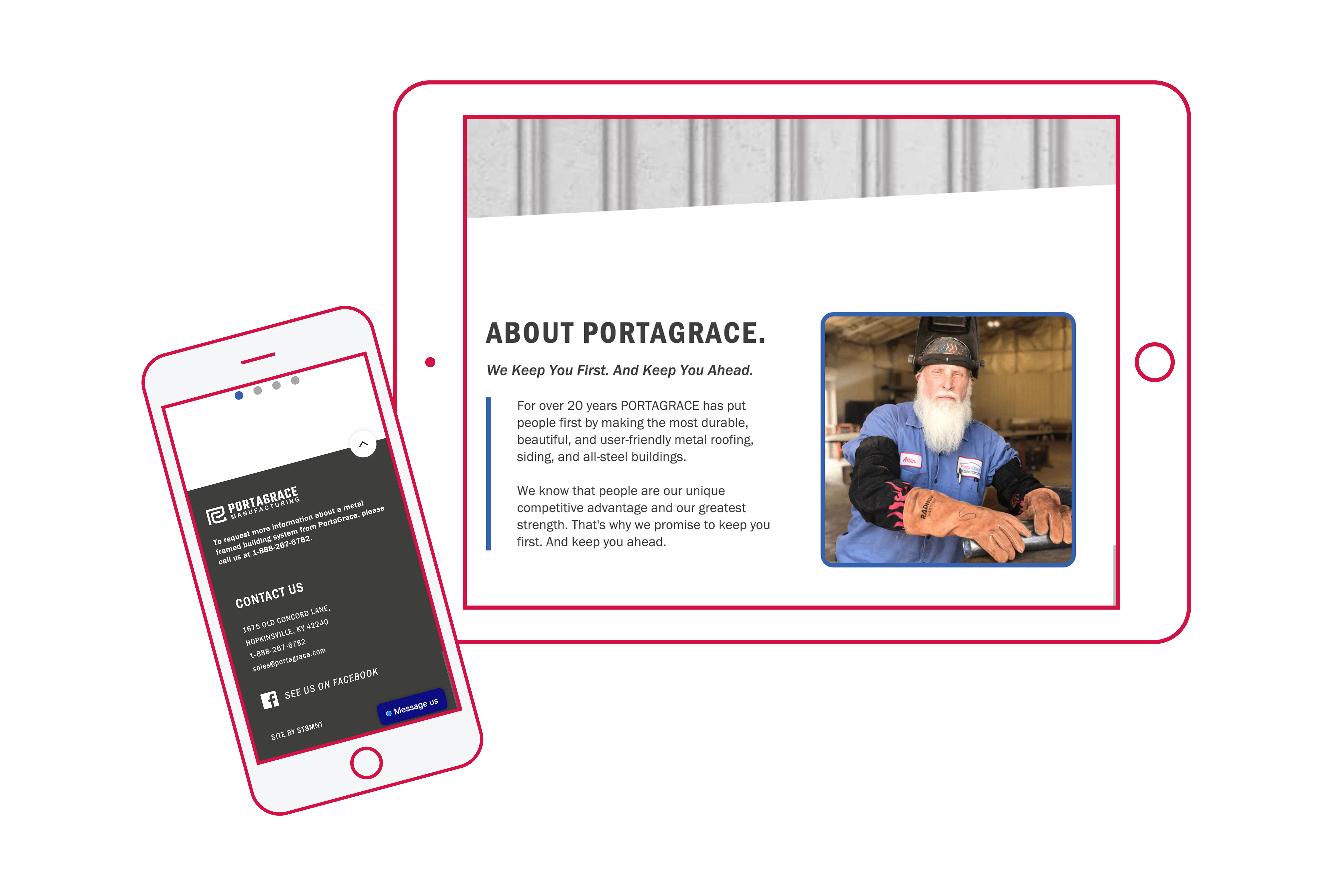 Responsive website design for PortaGrace Manufacturing including mobile design, featuring the Yeti addition homepage and form submission