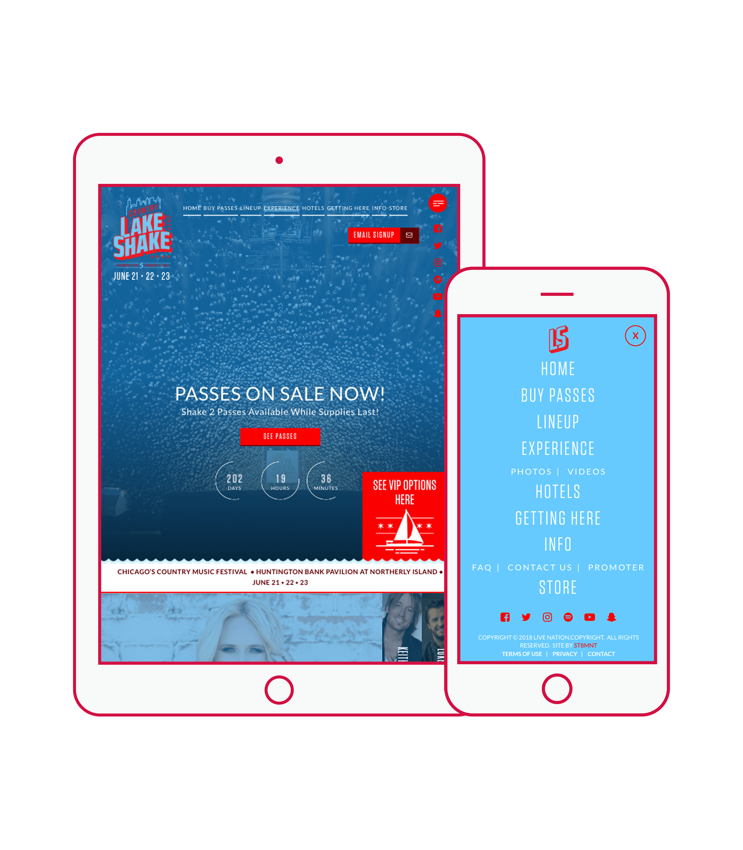 Responsive mobile and iPad website design for Lake Shake homepage and menu featuring Miranda Lambert by St8mnt