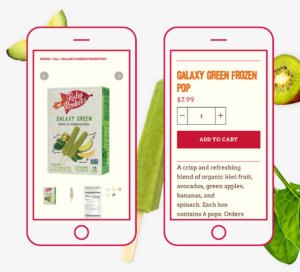 Mobile mockups showcasing Ruby Rockets website design product page and online store responding in mobile format
