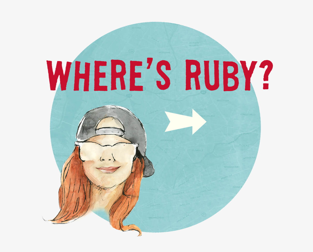 Website design link to Ruby Rockets locations featuring a map texture, arrow, and watercolor illustration.