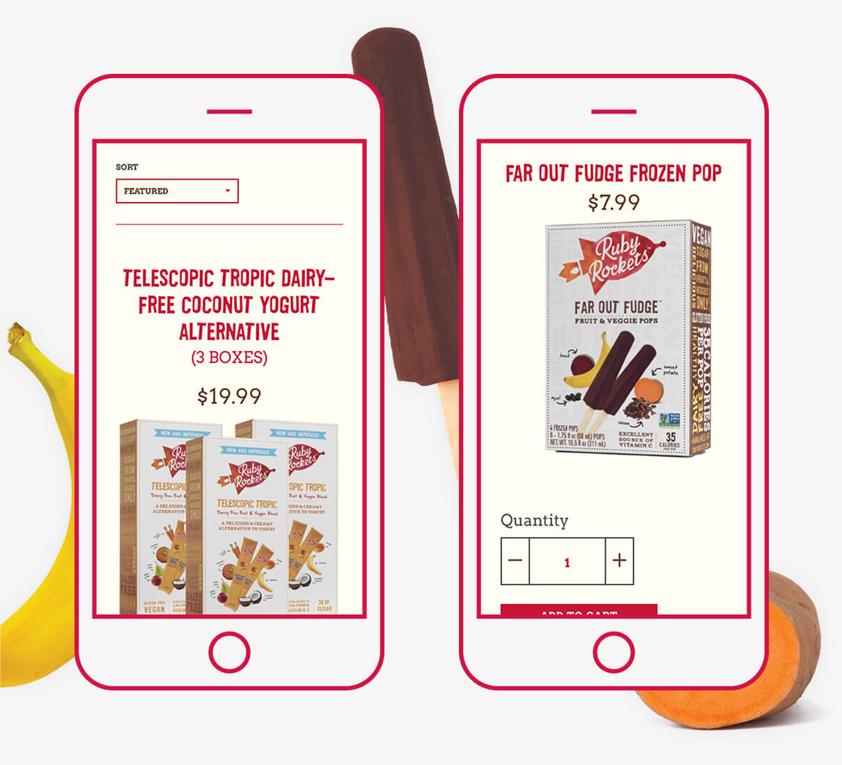 Mobile mockups showcasing Ruby Rockets website design online store responding in mobile format