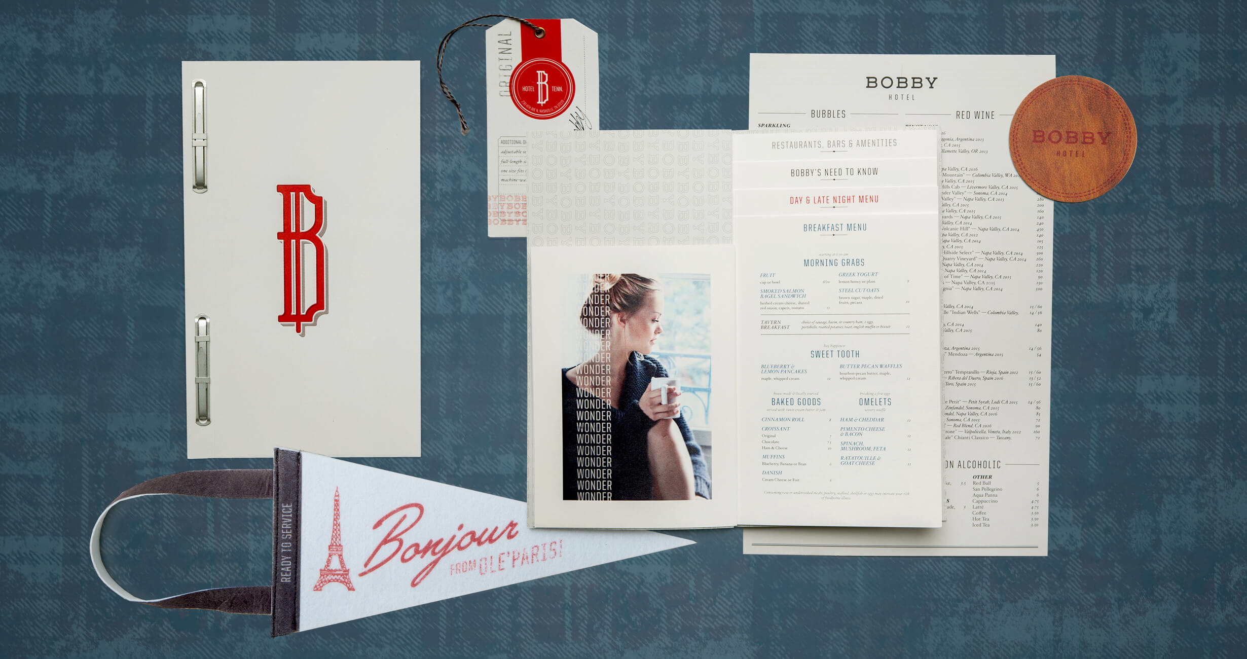 Bobby Hotel menu coaster tag print design in Nashville, TN