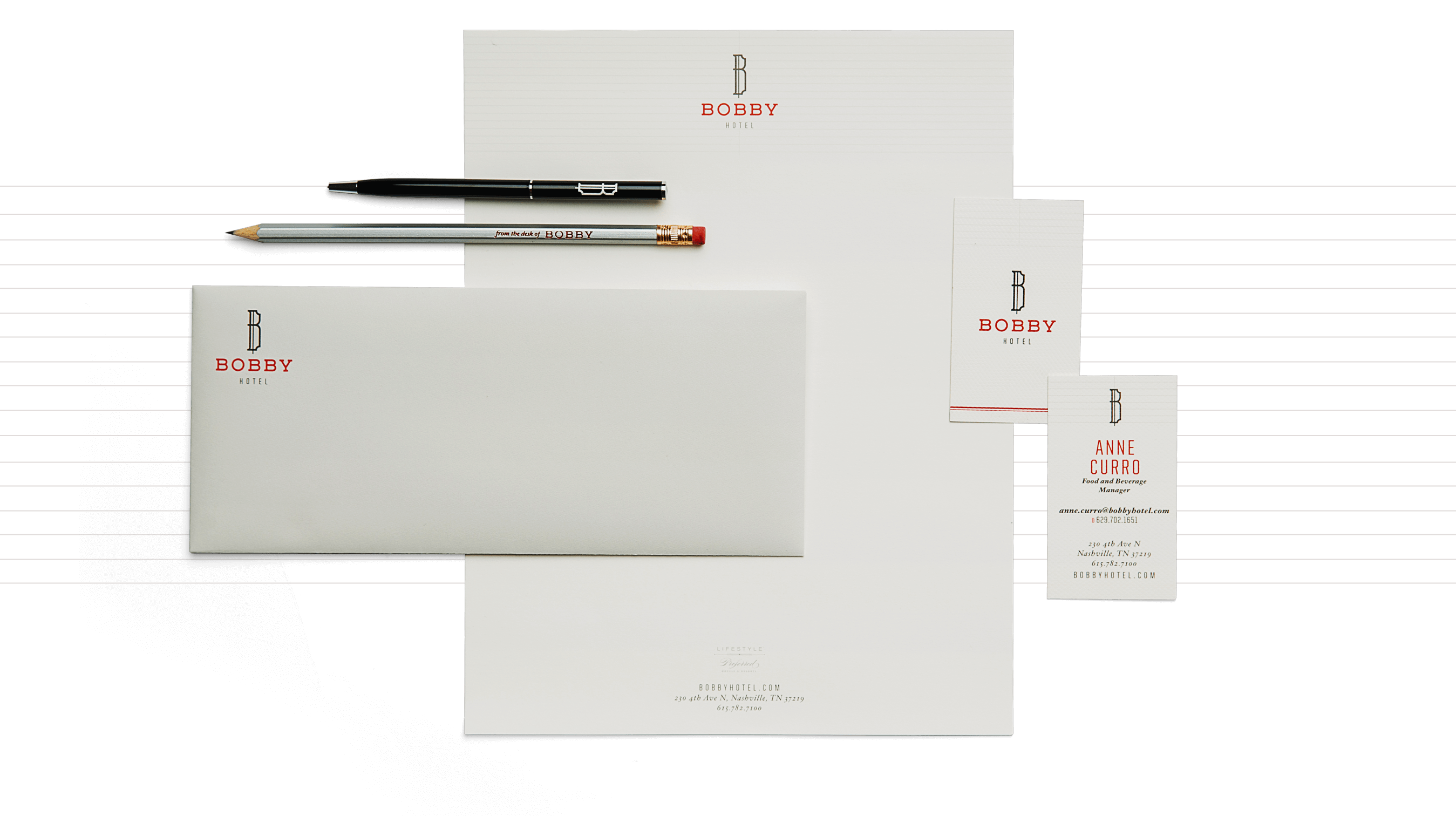 Bobby Hotel corporate stationery including business cards, notecard, letterhead and pin
