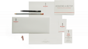 Bobby Hotel corporate stationery including business cards, notecard, letterhead and pin, branded pen and pencil
