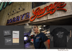 Bobby's Garage outdoor neon signage and tshirt design in Nashville, TN