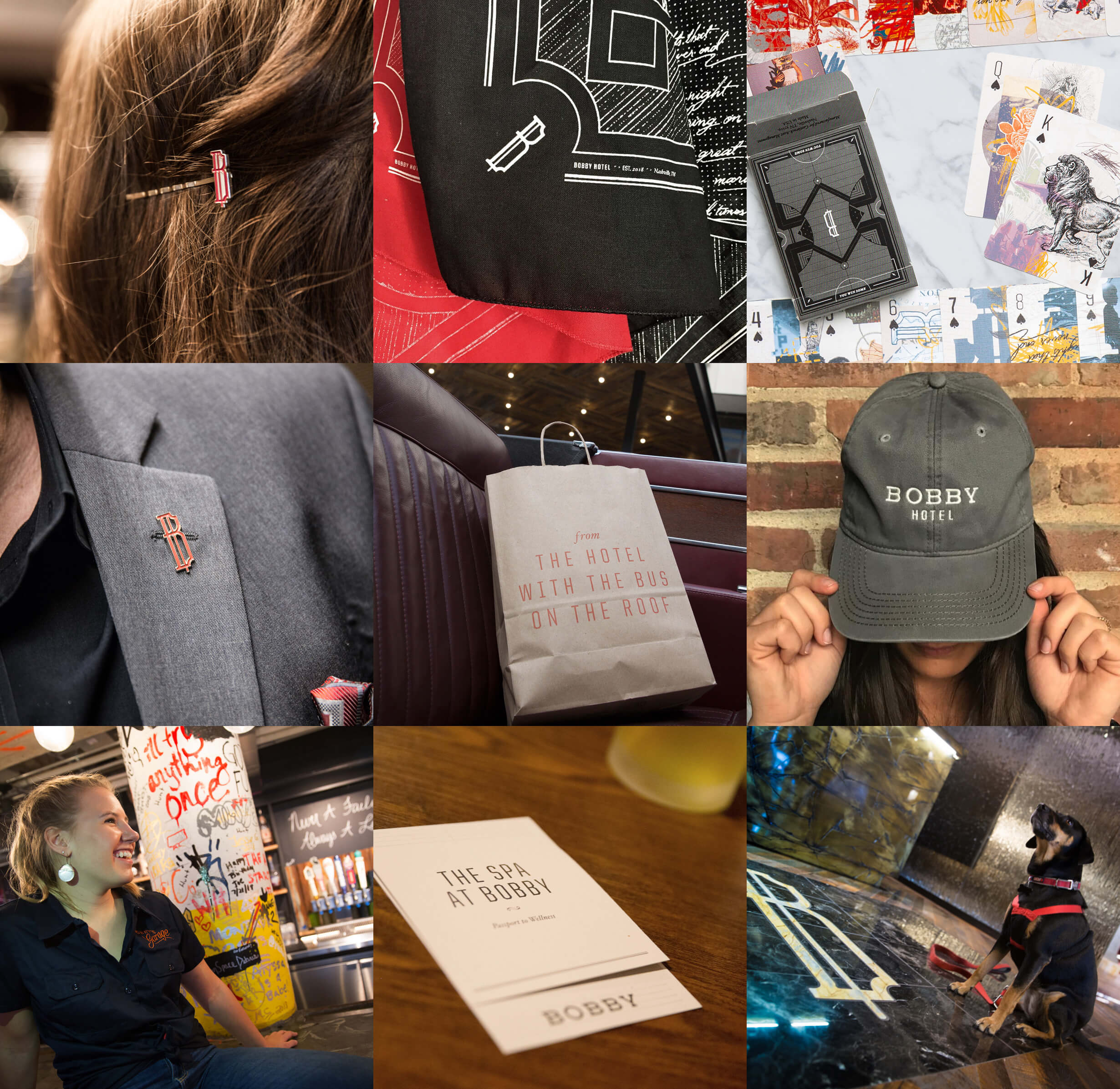 Bobby Hotel branding identity printed on merchandise and collateral including bandana, hat, pin, bag, bus, playing cards, hair clip in Nashville TN