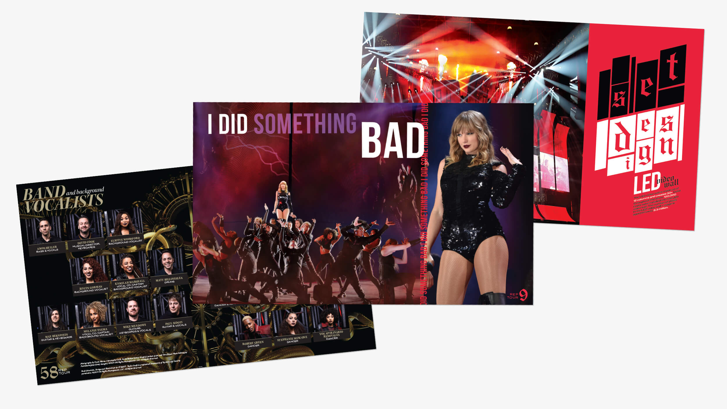 Taylor Swift reputation Tour Book spreads featuring live photos, band and dancers, set design details