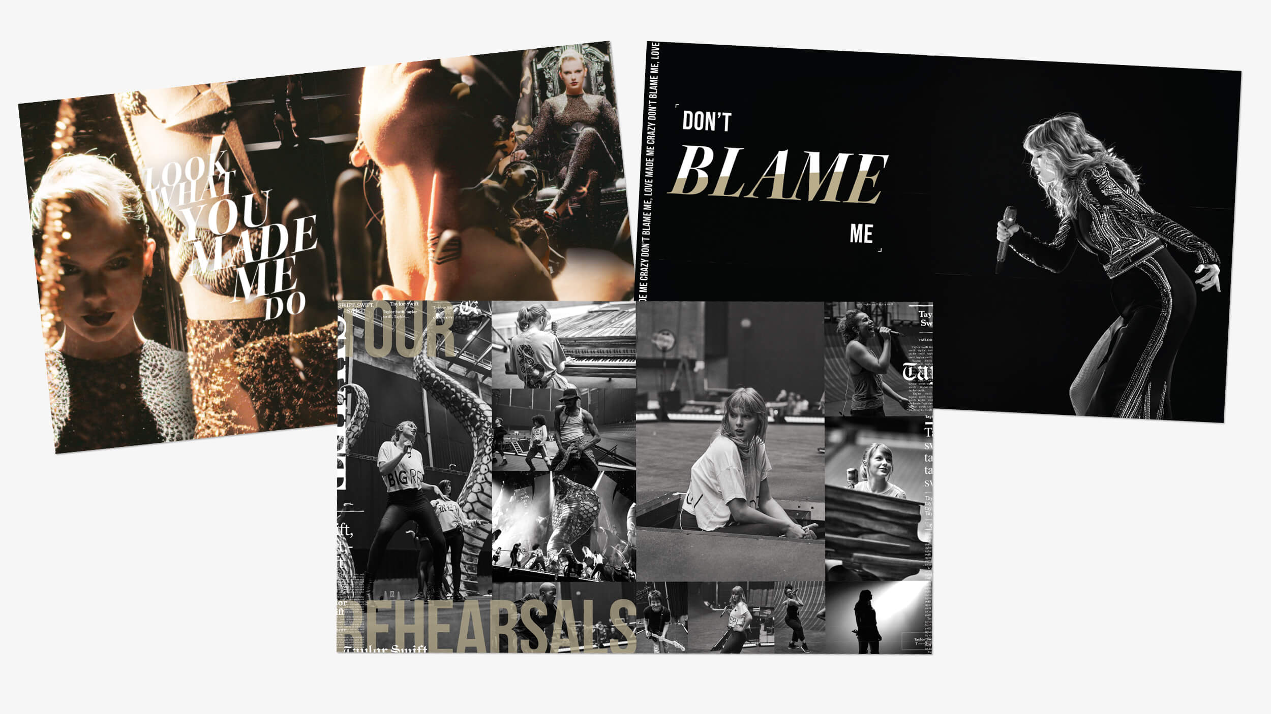 Taylor Swift reputation Tour Book spreads featuring live photos, tour rehearsal photos, video footage images and Don't Blame Me lyrics
