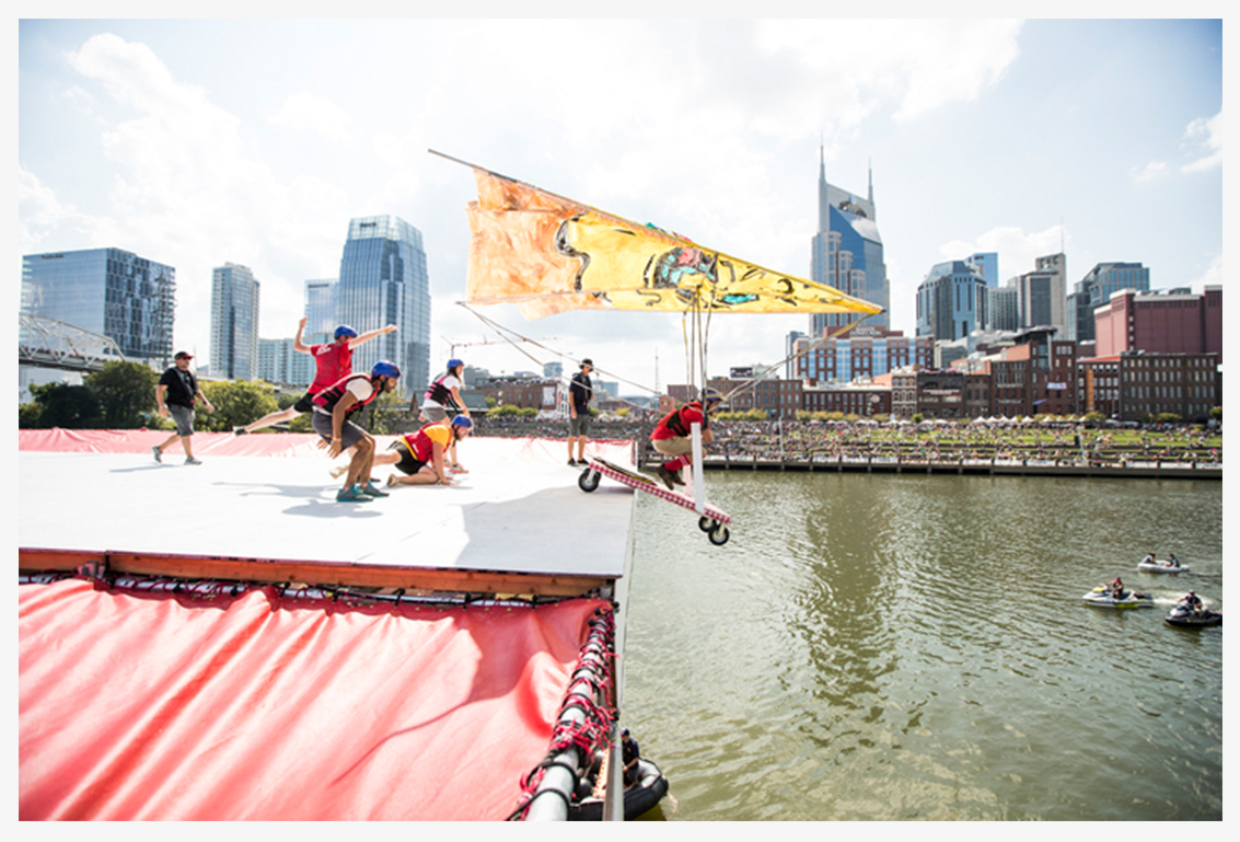 Red Bull Flugtag 2017 Team ST8MNT takeoff on the Red Bull platform over the Cumberland River in Nashville, TN