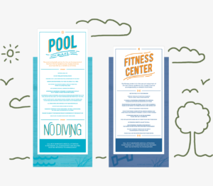 Wayfinding signs and illustration featuring pool rules and fitness center rules signs for Durham Farms in Hendersonville, TN