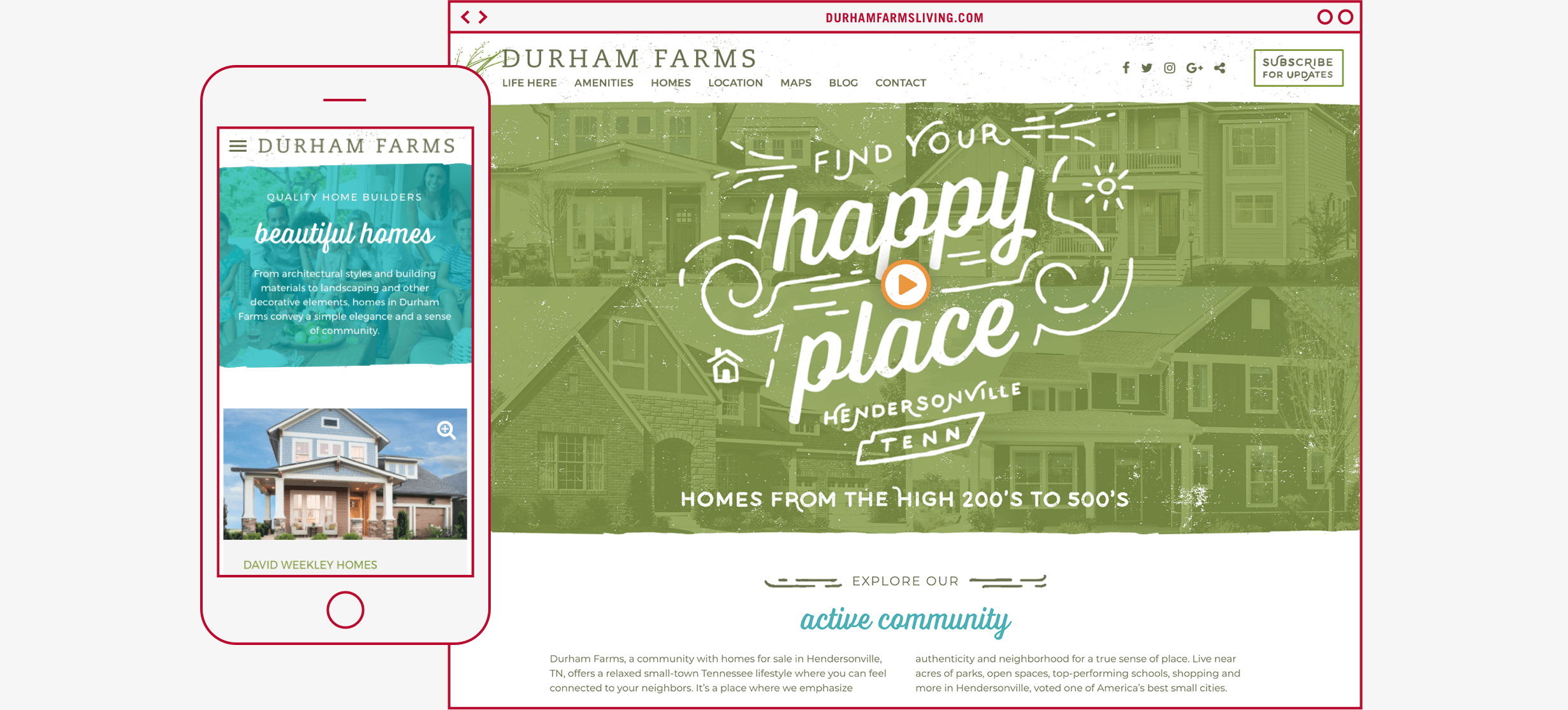 Mobile responsive web site design for master planned community Durham Farms.