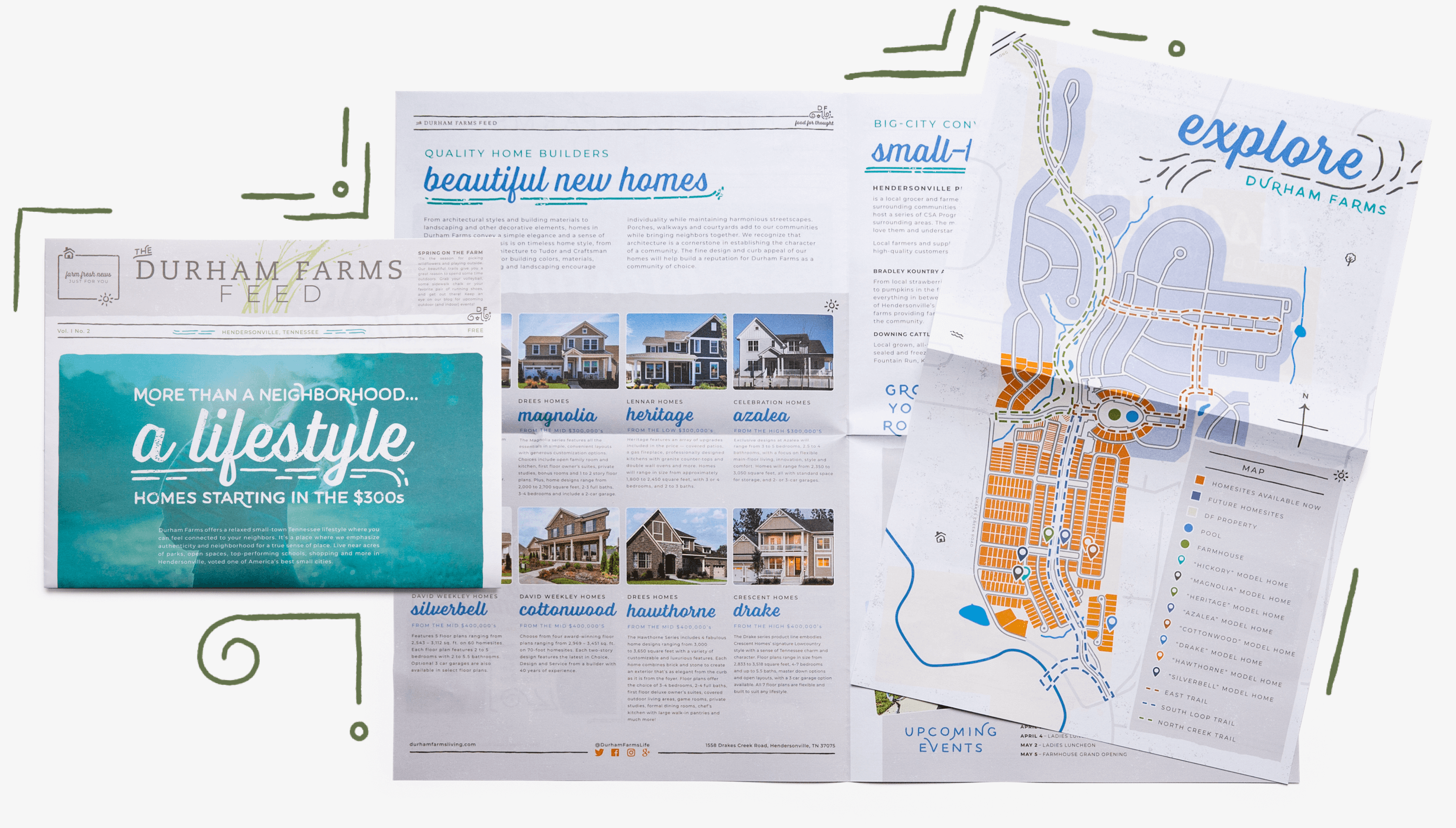 Print design of a community newsletter for master planned community, Durham Farms