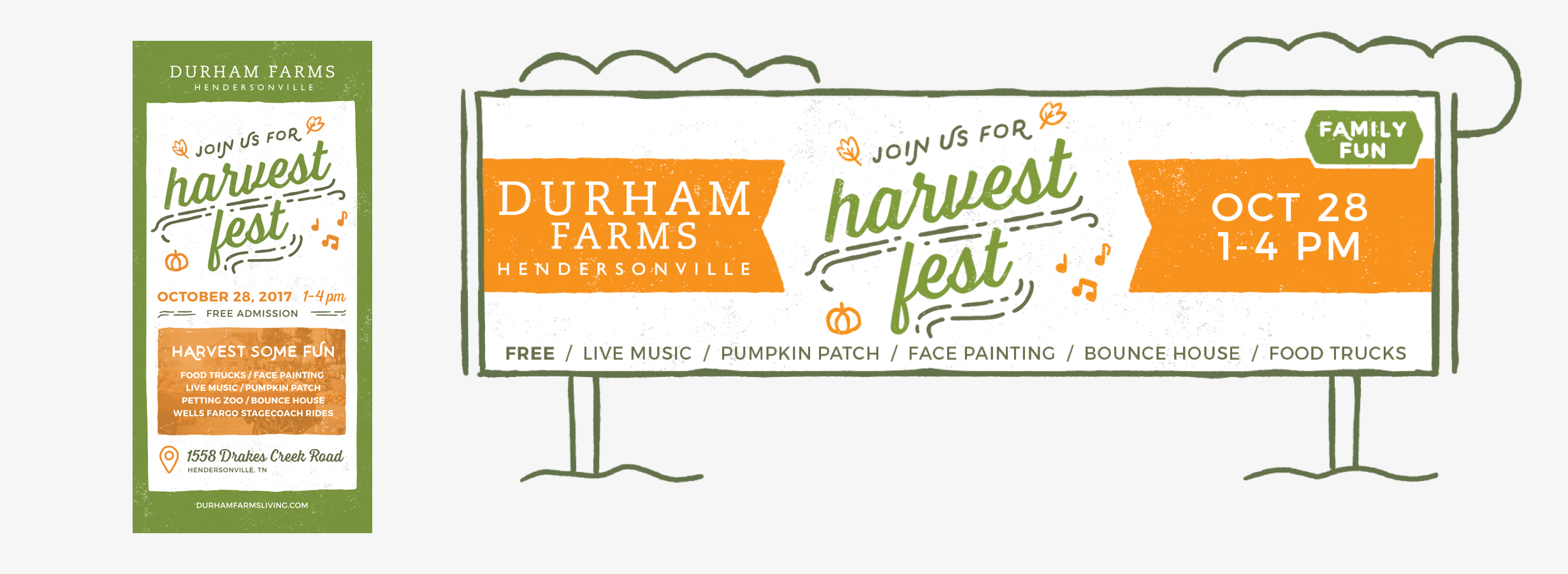 Harvest fest outdoor and print ads featuring illustration for Durham Farms in Hendersonville, TN