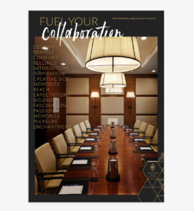 full page print ad for Hutton Hotel highlighting meeting space or event space featuring geometric linework and brush script