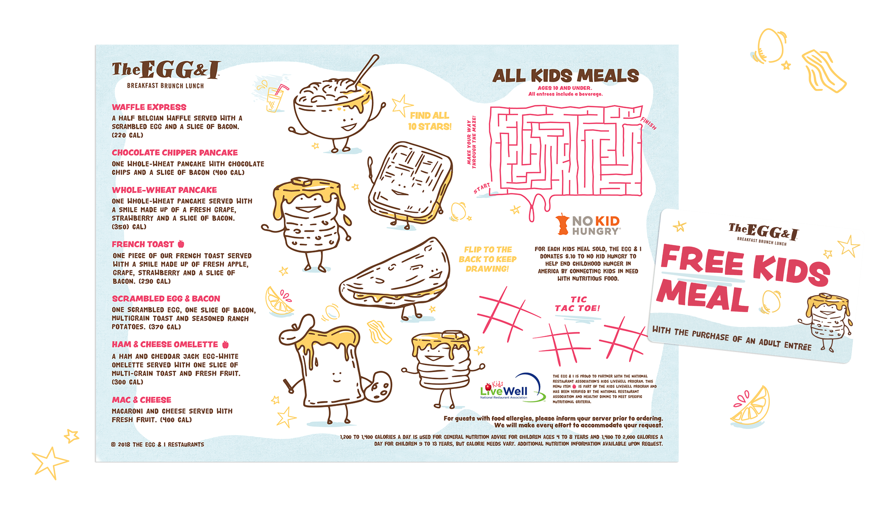 Design by St8mnt Brand Agency for The Egg & I Restaurants Kids Menu update with custom illustrations, games and Free Kids Meal gift card