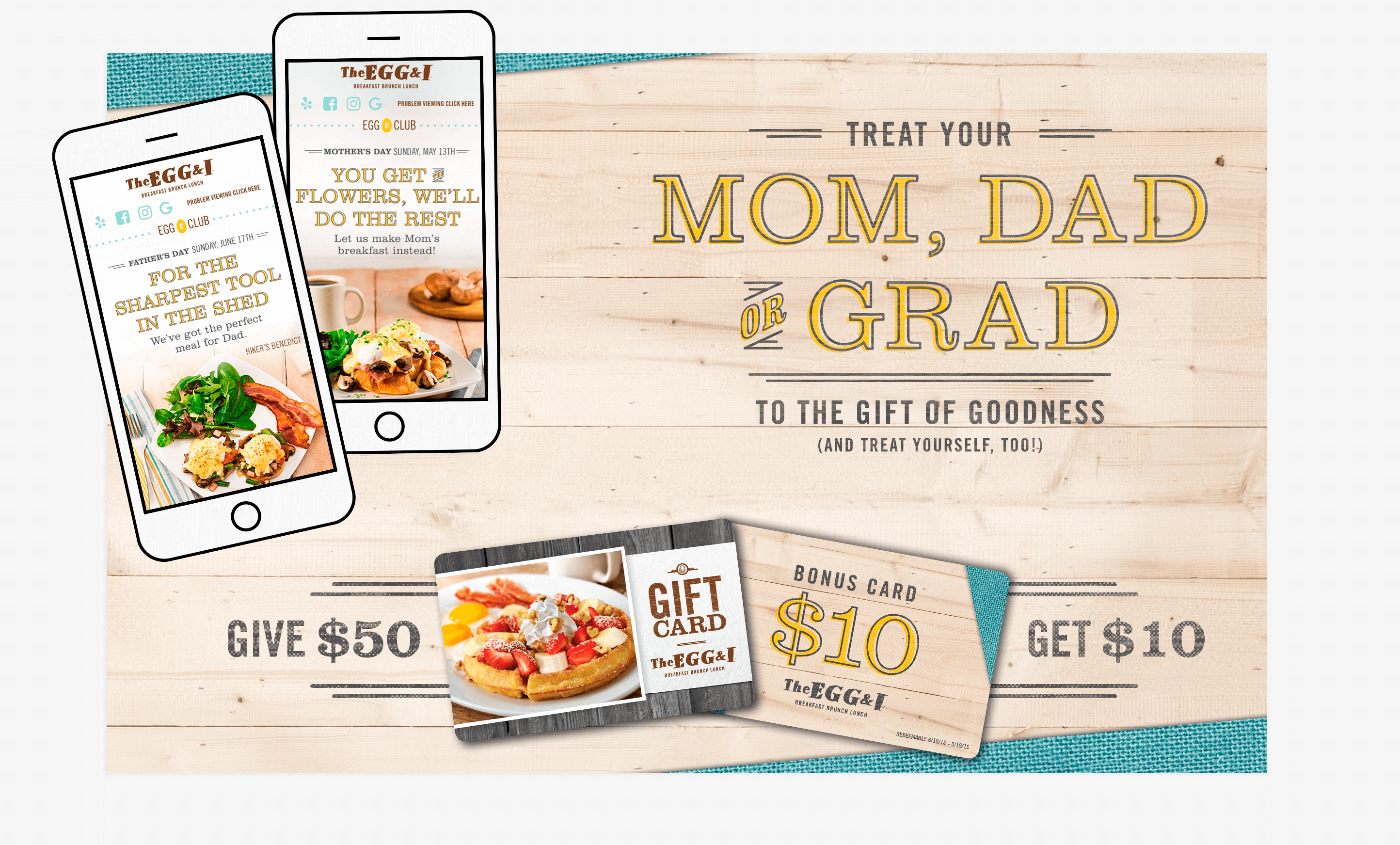 Mom, Dad & Grad campaign design including menus, table cards, posters, digital and photography for The Egg and I restaurant 2018