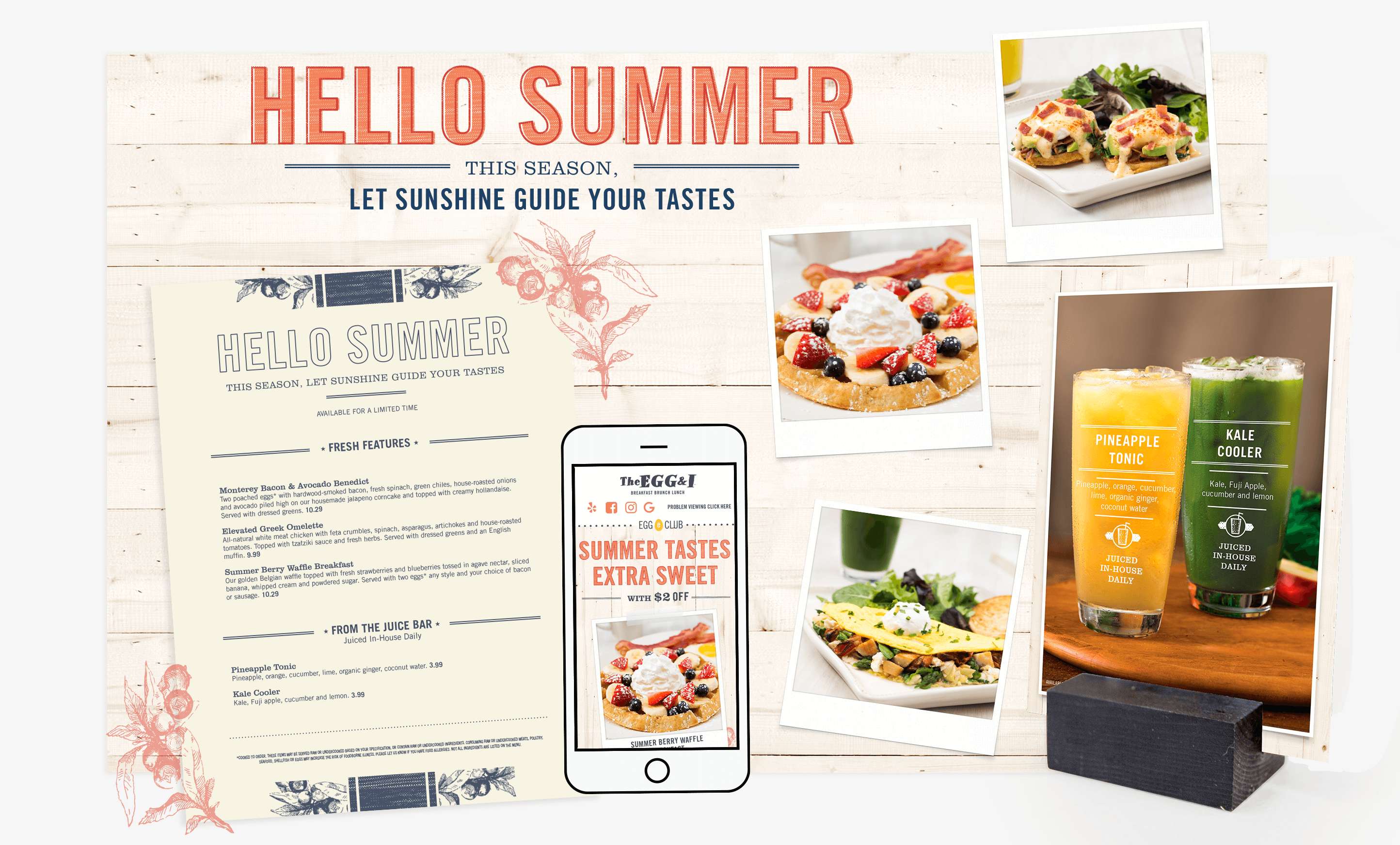 Campaign design including menus, table cards, posters, digital and photography for The Egg and I restaurant for Summer 2018