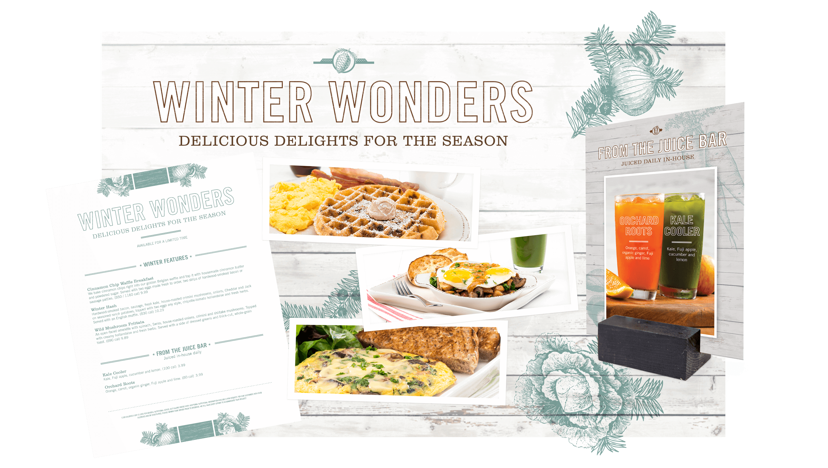 Campaign design including menus, table cards, posters and photography for The Egg and I restaurant for Winter 2018