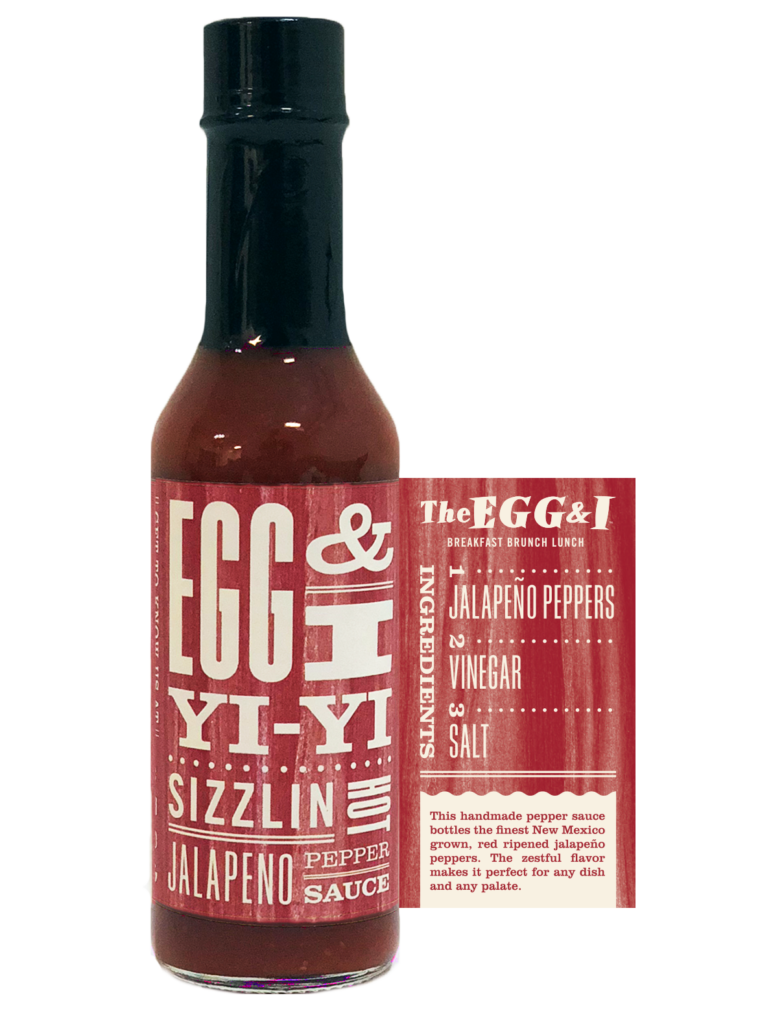 Design elements for The Egg & I Hot Sauce bottle made with jalapenos