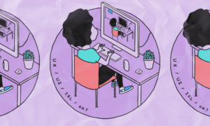 Colorful illustration of a lady at her computer looking at a picture of herself looking at her computer