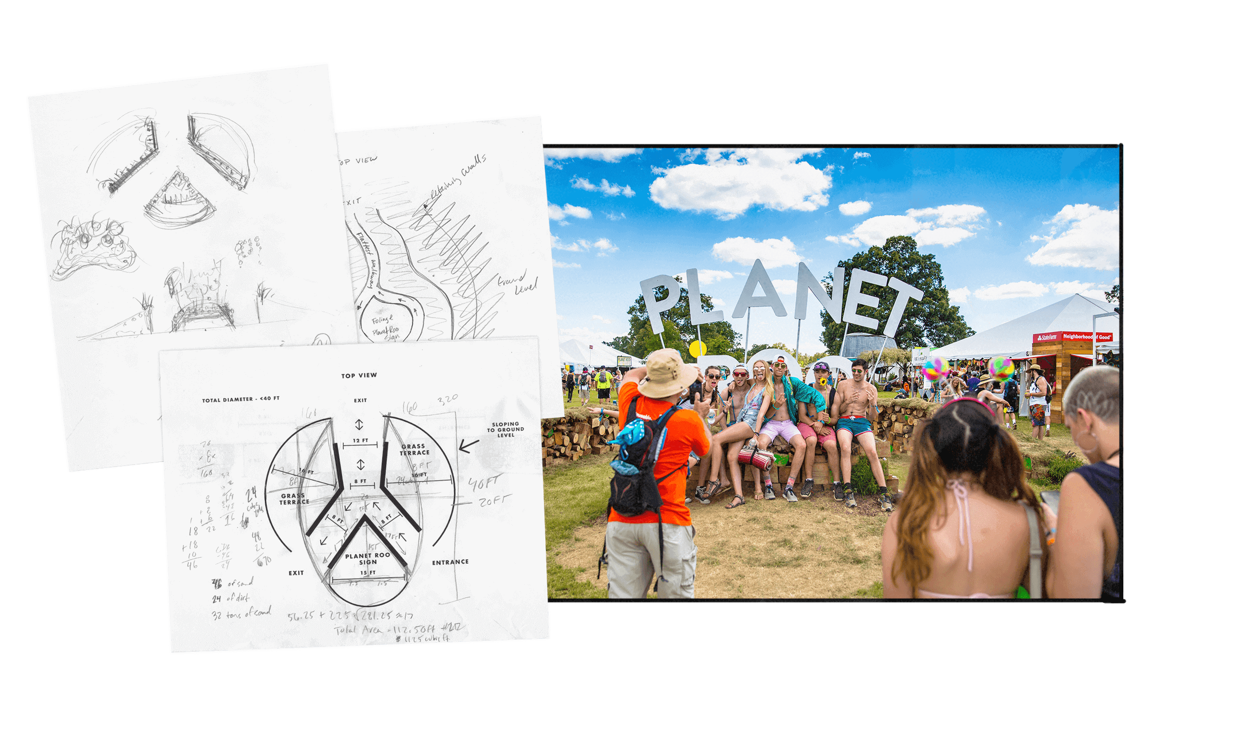 sketches and image of Planet Roo entryway sign at Bonnaroo