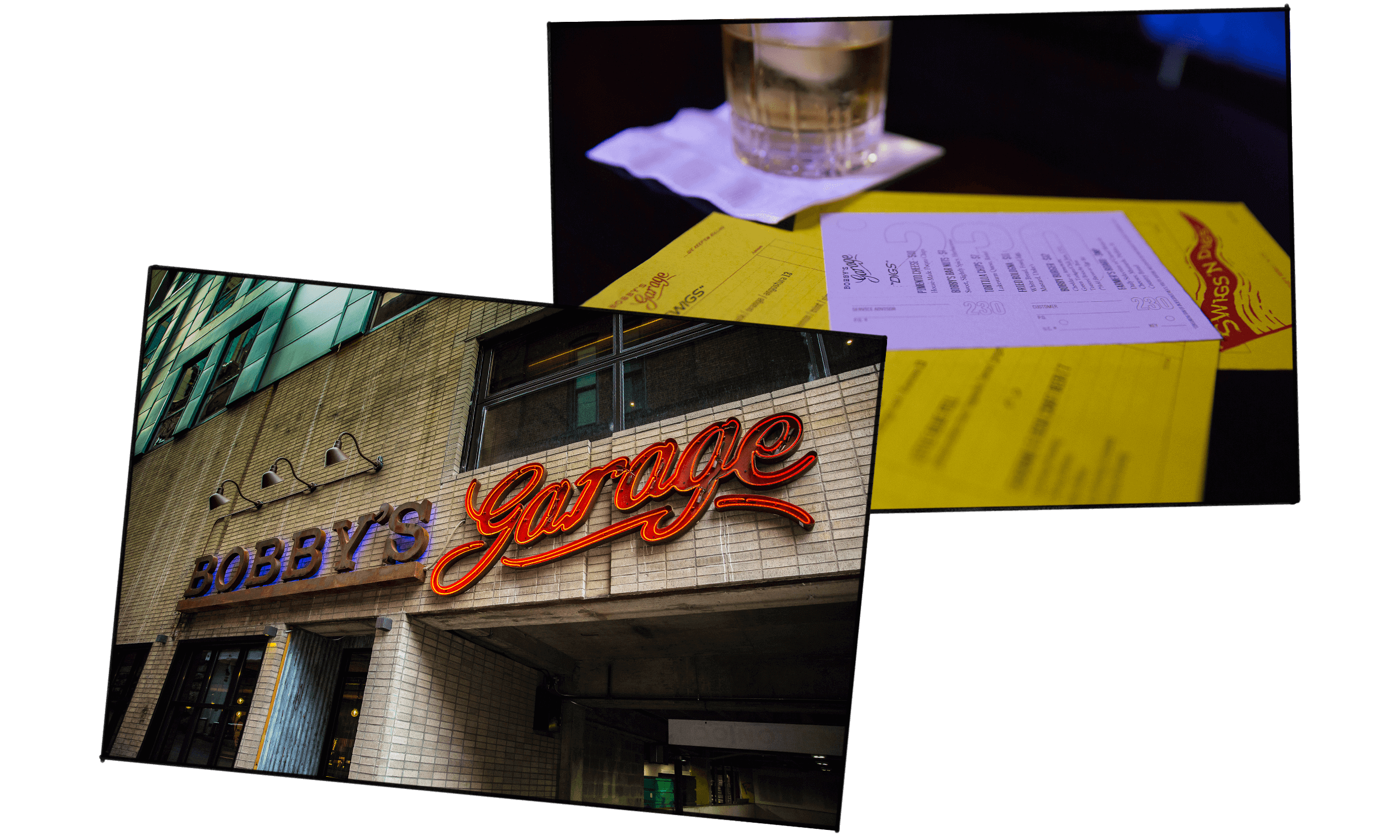 Pictures of neon sign and menus as Bobby's Garage dive bar